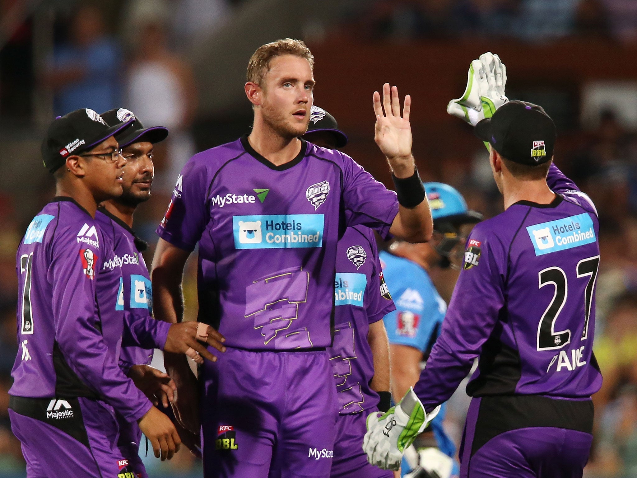 Stuart Broad of the Hobart Hurricanes celebrates after taking the wicket of Jono Dean of the Adelaide Strikers during a match between the two sides in the Big Bash League