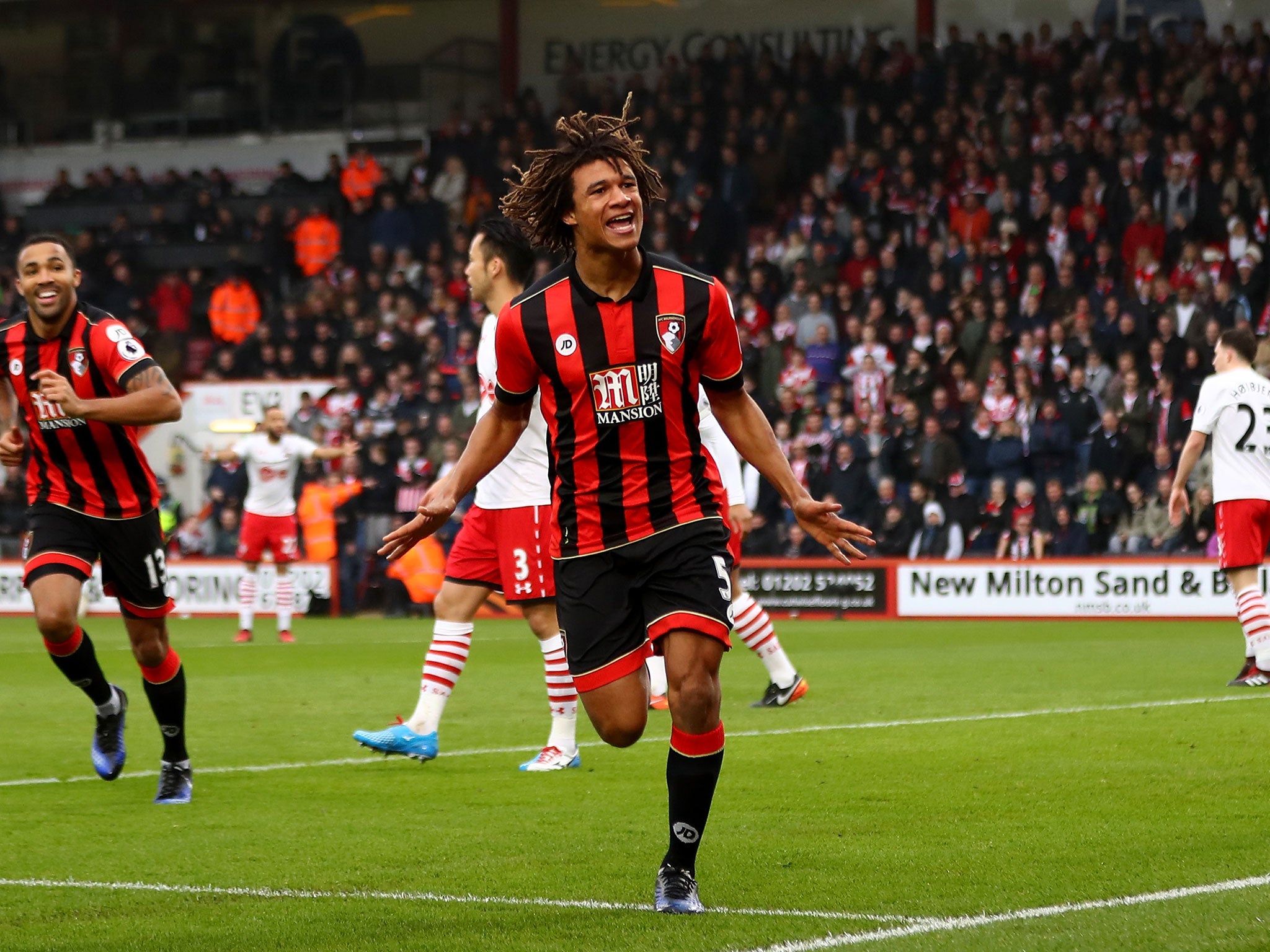 Ake celebrates after scoring for Bournemouth against Southampton