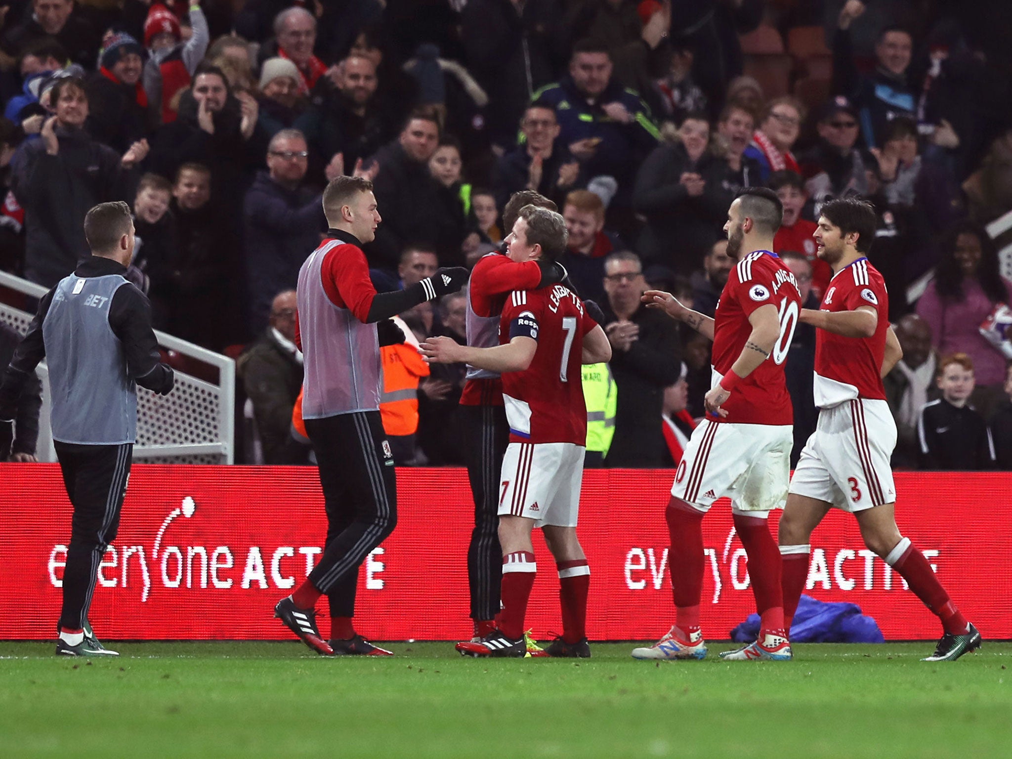 Middlesbrough's Grant Leadbitter (centre) celebrates scoring his side's first goal of the game with team-mates during the Emirates FA Cup, Third Round match at the Riverside Stadium