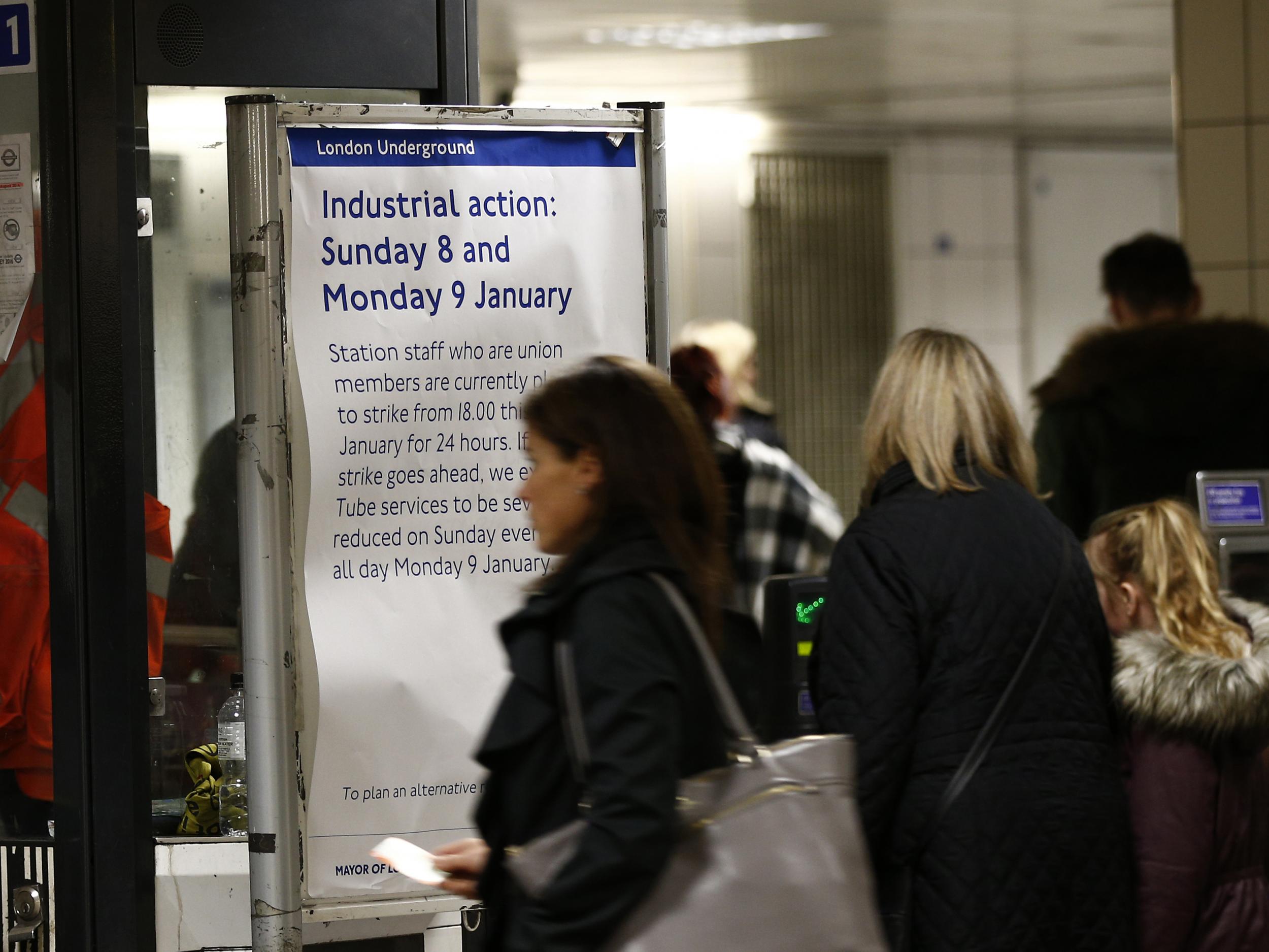 A notice giving details of a strike involving London Underground workers at Waterloo Underground Station on Sunday