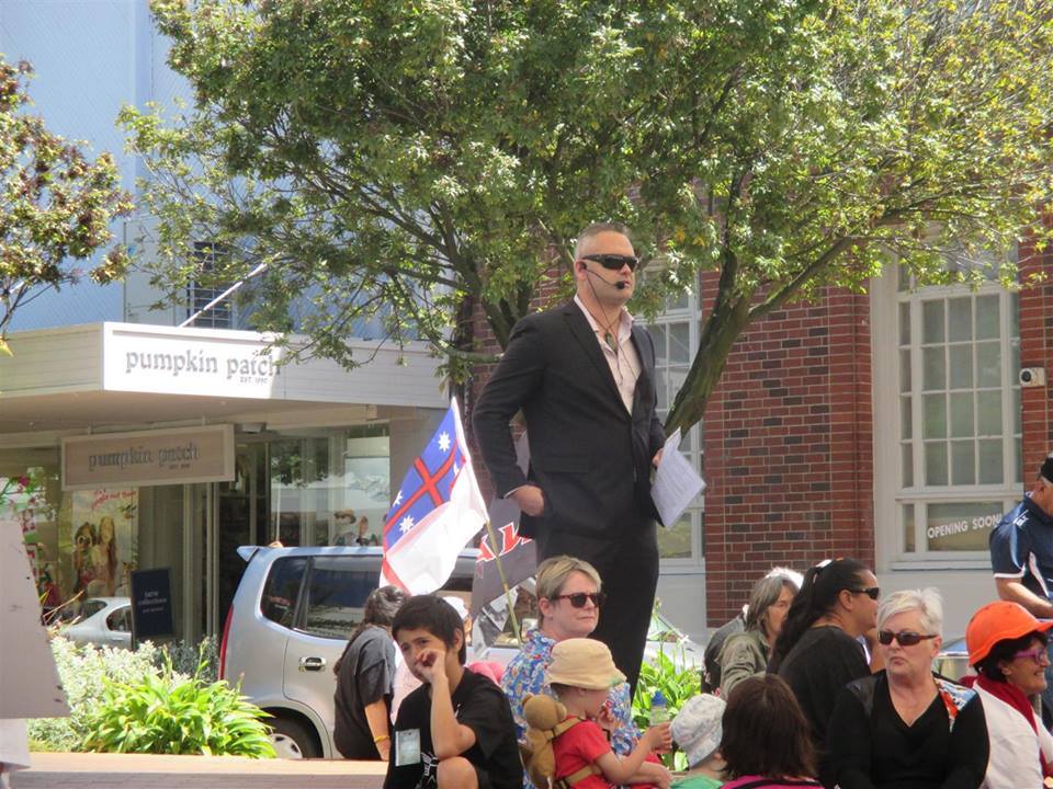 Fletcher Tabuteau addresses a demonstration against the Trans Pacific Partnership Agreement