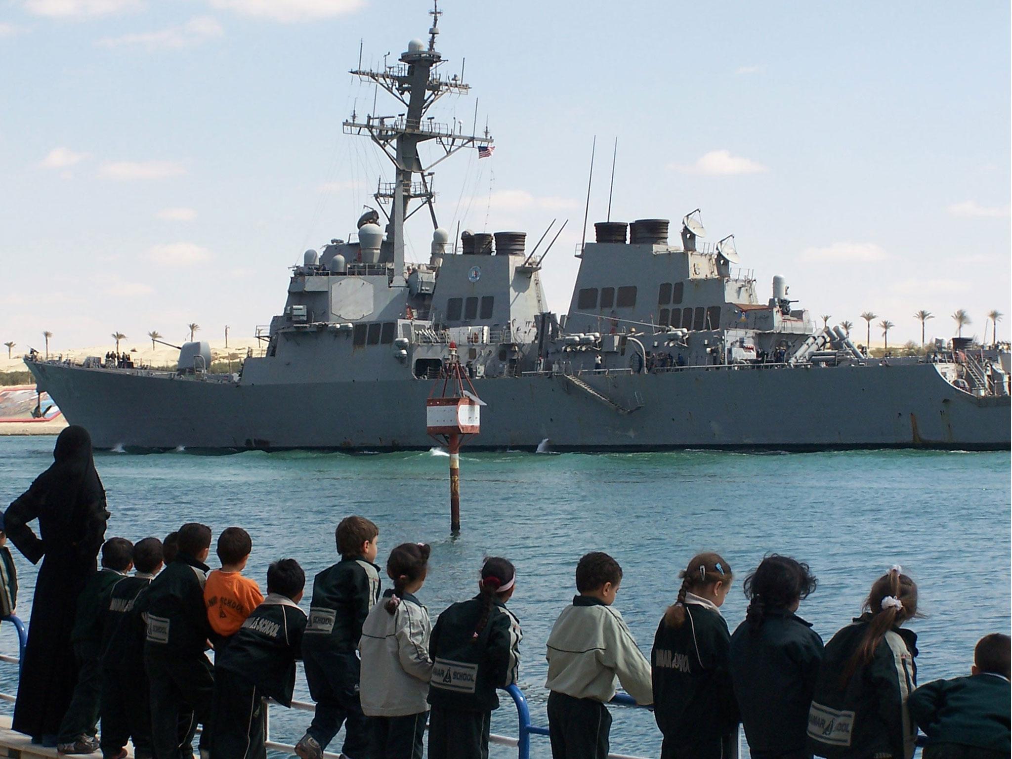 Guided missile destroyer USS Mahan pictured crossing the Suez Canal