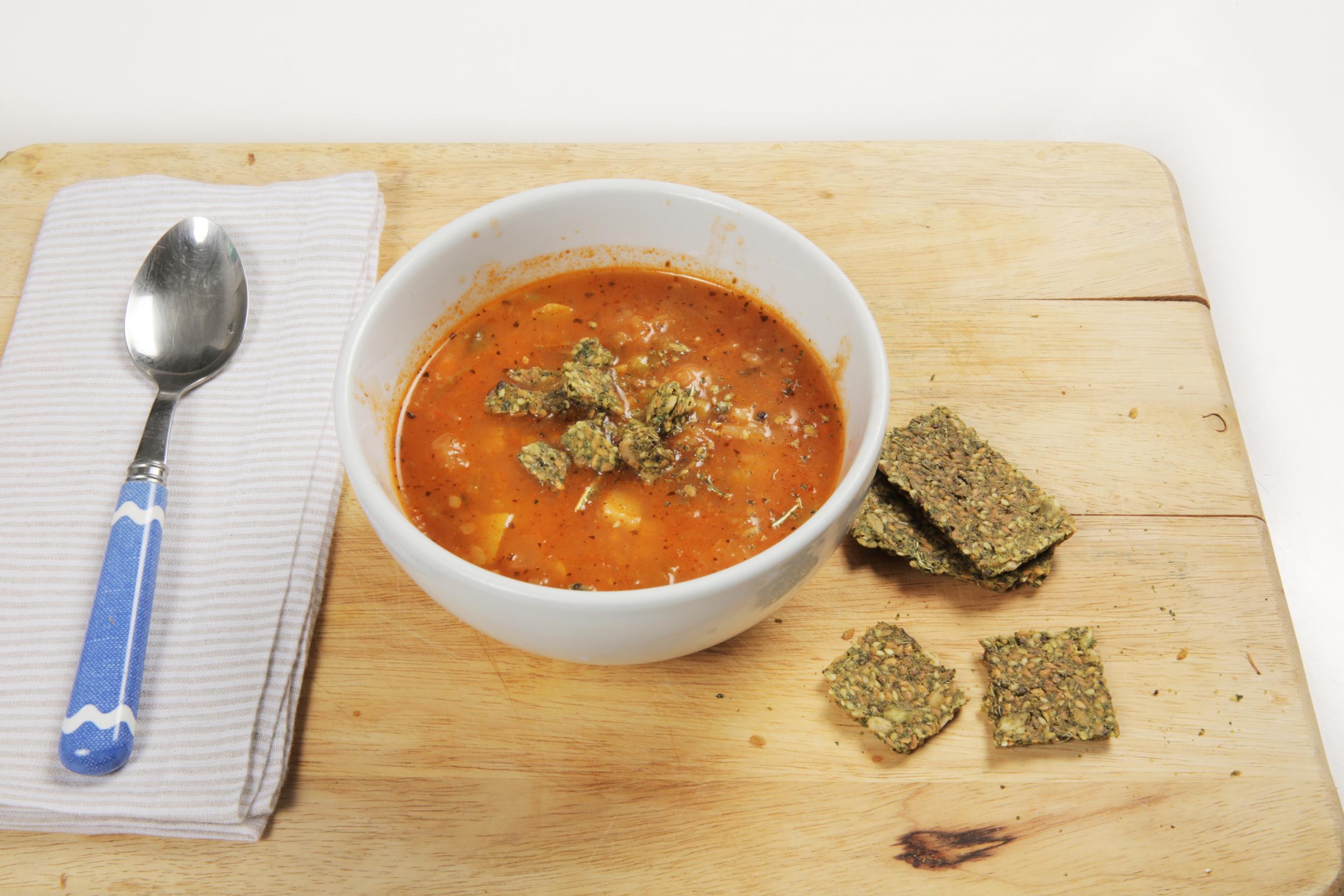 Tomato soup and kale crackers