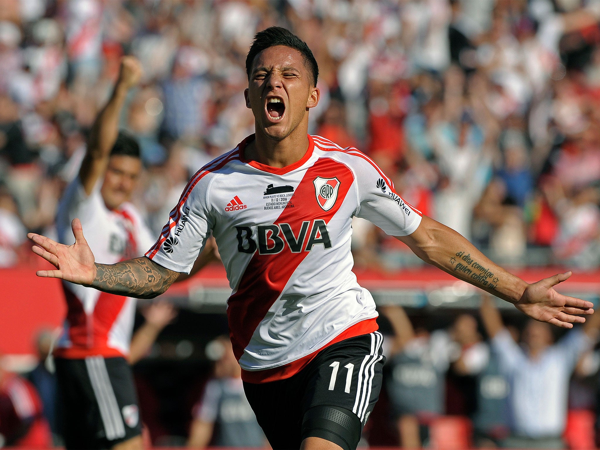 Sebastian Driussi, of River Plate, celebrates scoring