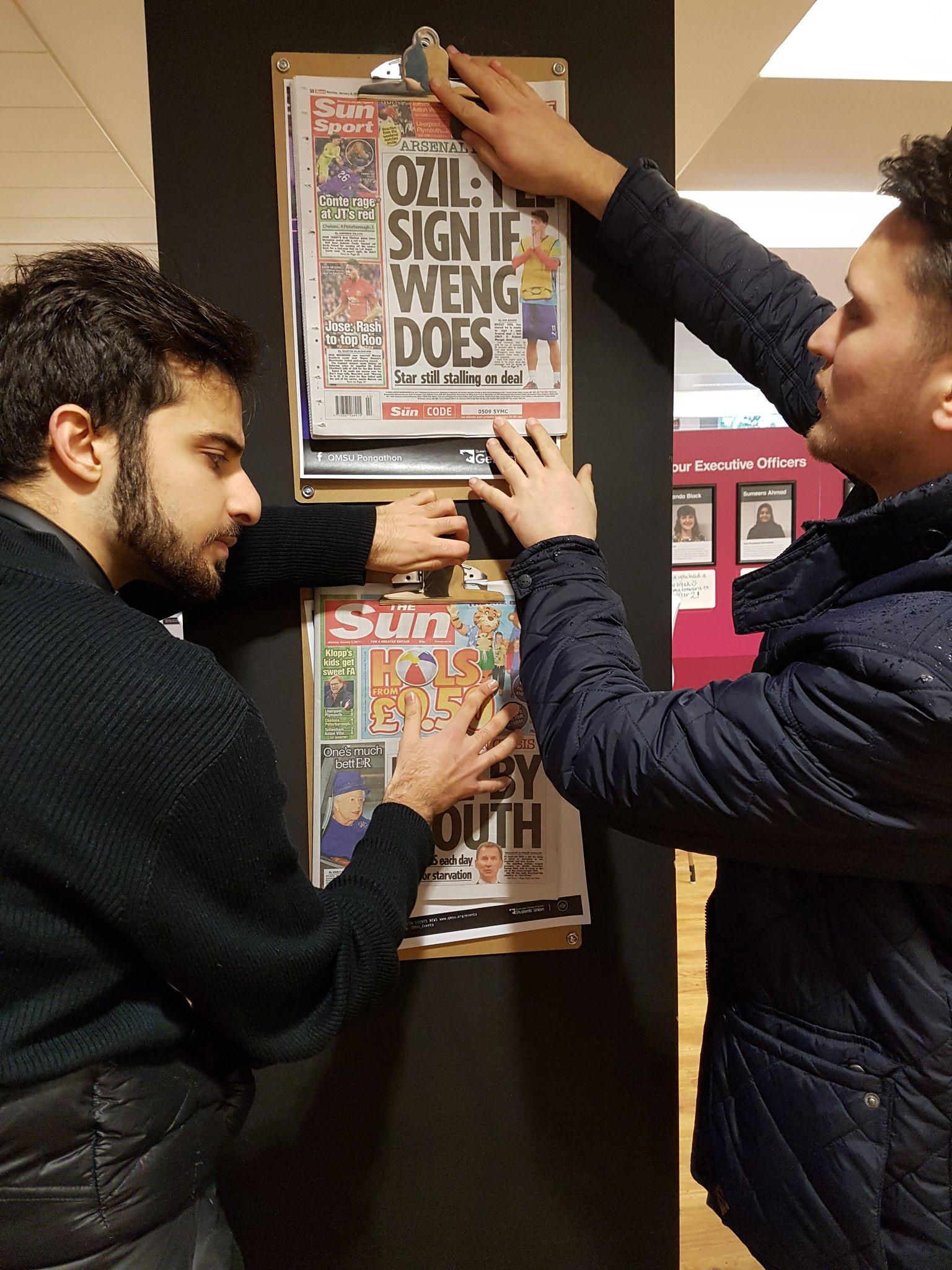 Members of Queen Mary's Free Speech Society posted pages of The Sun around the student union building in protest