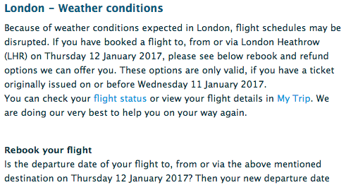 Weather watch: flights to Heathrow from airports such as Amsterdam could be grounded, as this KLM warning explains