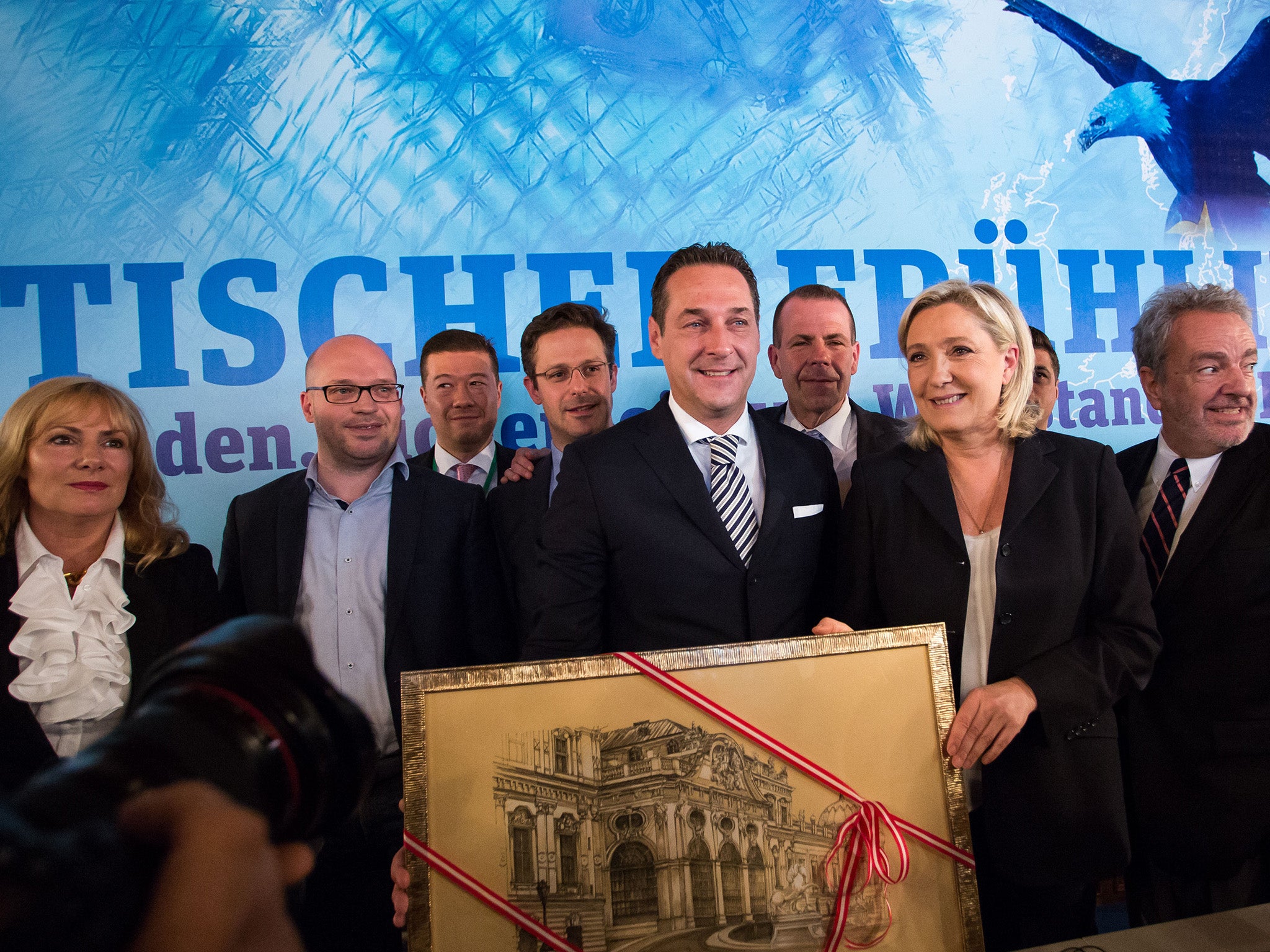 (Ms Atkinson (far left) at a June 2016 meeting with other senior ENF figures, including Ms Le Pen (AFP/Getty)