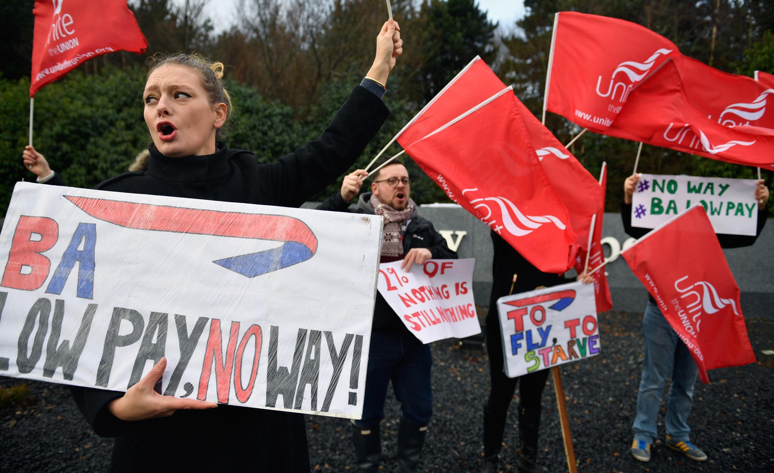 Striking British Airways staff demonstrate outside Glasgow Airport