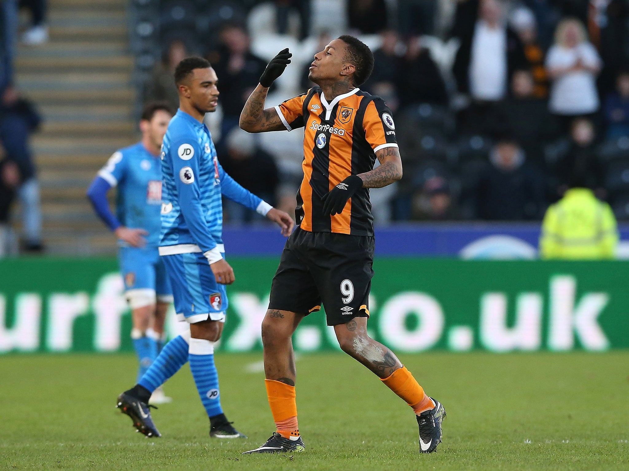 Abel Hernandez celebrates after scoring his second goal against Bournemouth