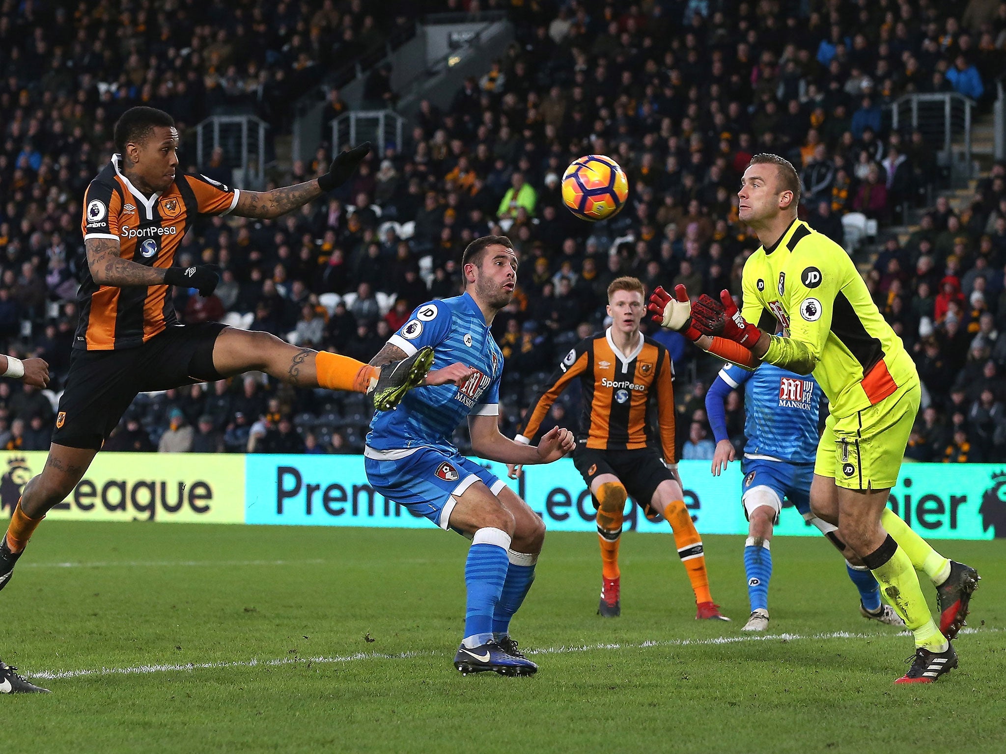 Artur Boruc collects a cross during the first half