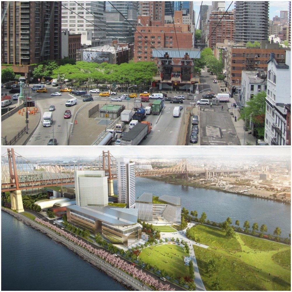 Roosevelt Island today (above) vs. a rendering of the Cornell Tech campus on Roosevelt Island (below)