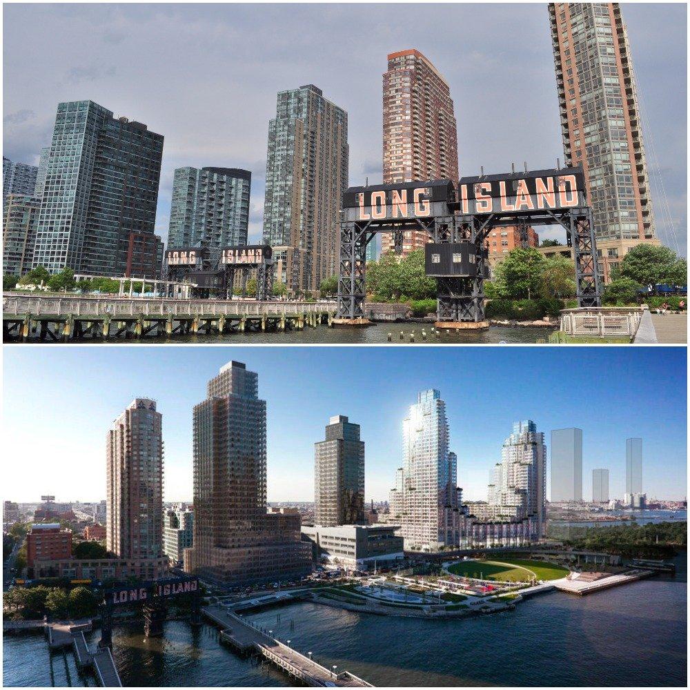 Long Island City, Queens today (above) vs. a rendering of Hunters Point South (below)