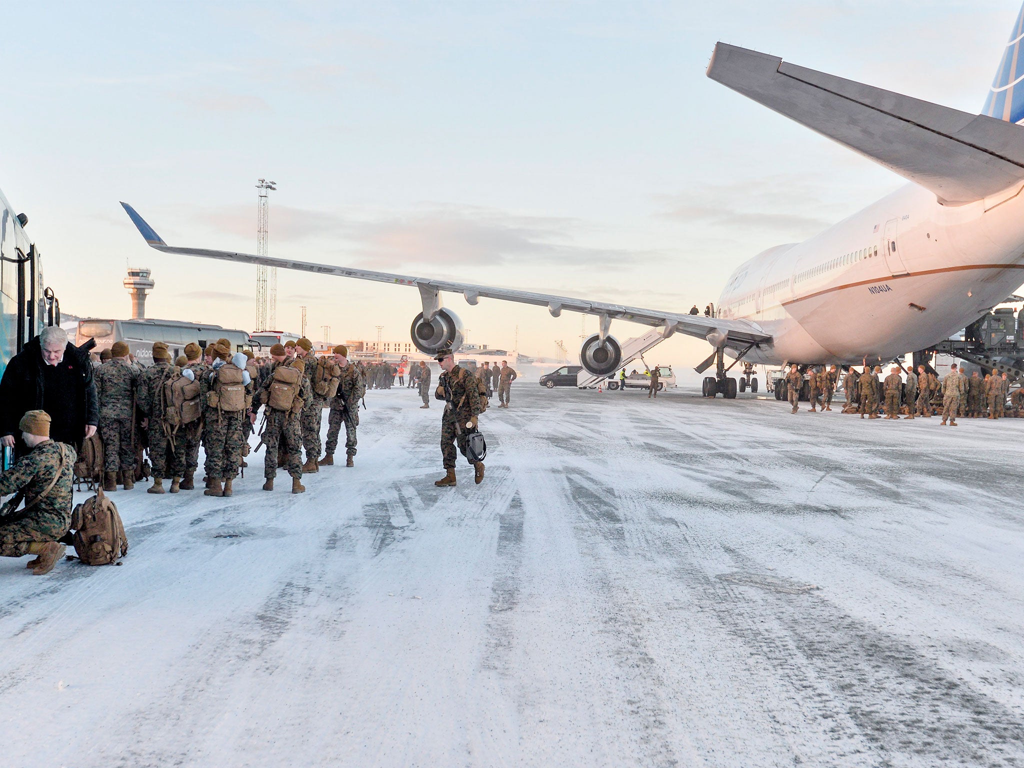 US Marines disembark after landing on January 16, 2017 in Stordal, Norway