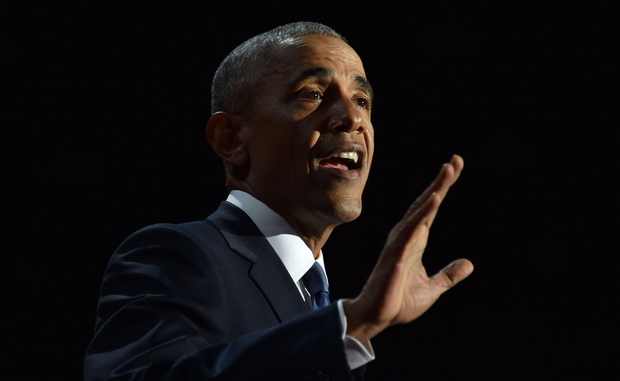 US President Barack Obama speaks during his farewell address in Chicago, Illinois on January 10, 2017. Barack Obama closes the book on his presidency, with a farewell speech in Chicago that will try to lift supporters shaken by Donald Trump's shock election.