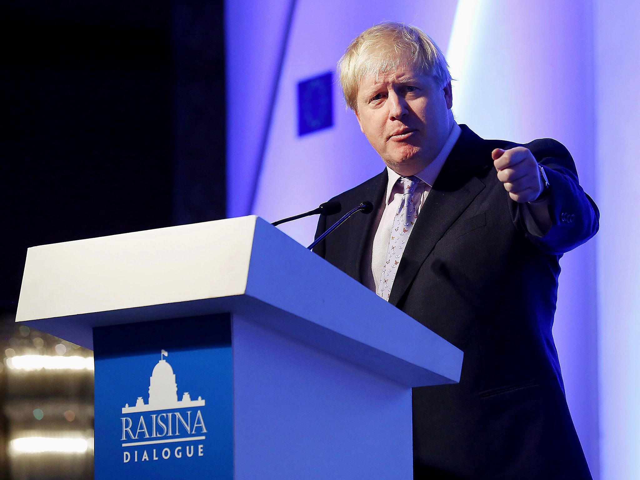 British Foreign Secretary Boris Johnson addresses the 2nd Raisina Dialogue event in New Delhi, India. He flew to the country to bring talks for a free trade deal