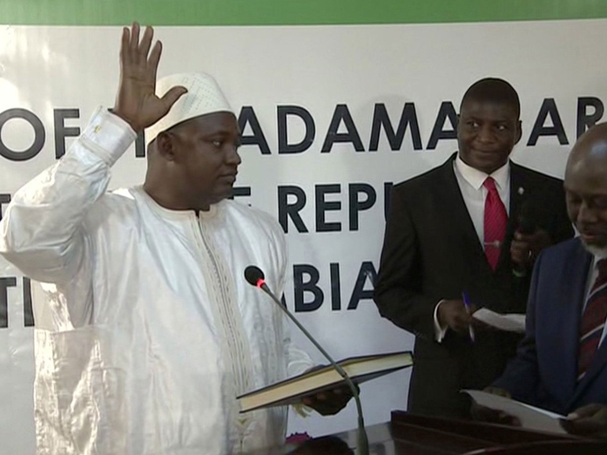 Adama Barrow is sworn in as President of Gambia at the embassy in Dakar Senegal in this image taken from TV Thursday, 19 January 2017