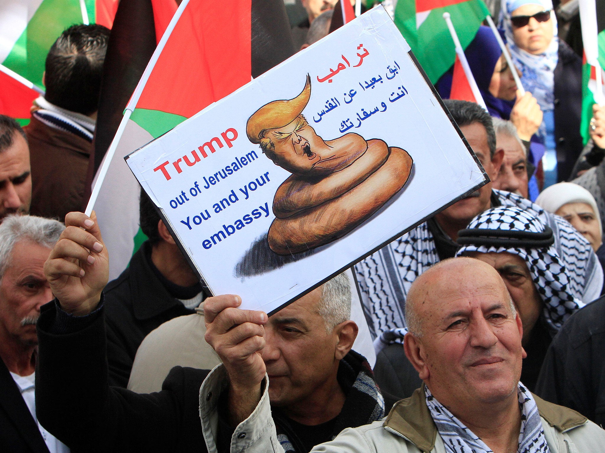 Palestinian demonstrators protesting this week against a promise by Donald Trump to re-locate the US embassy to Jerusalem