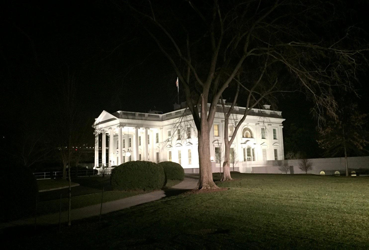 The White House, lit up on President Obama's final night.