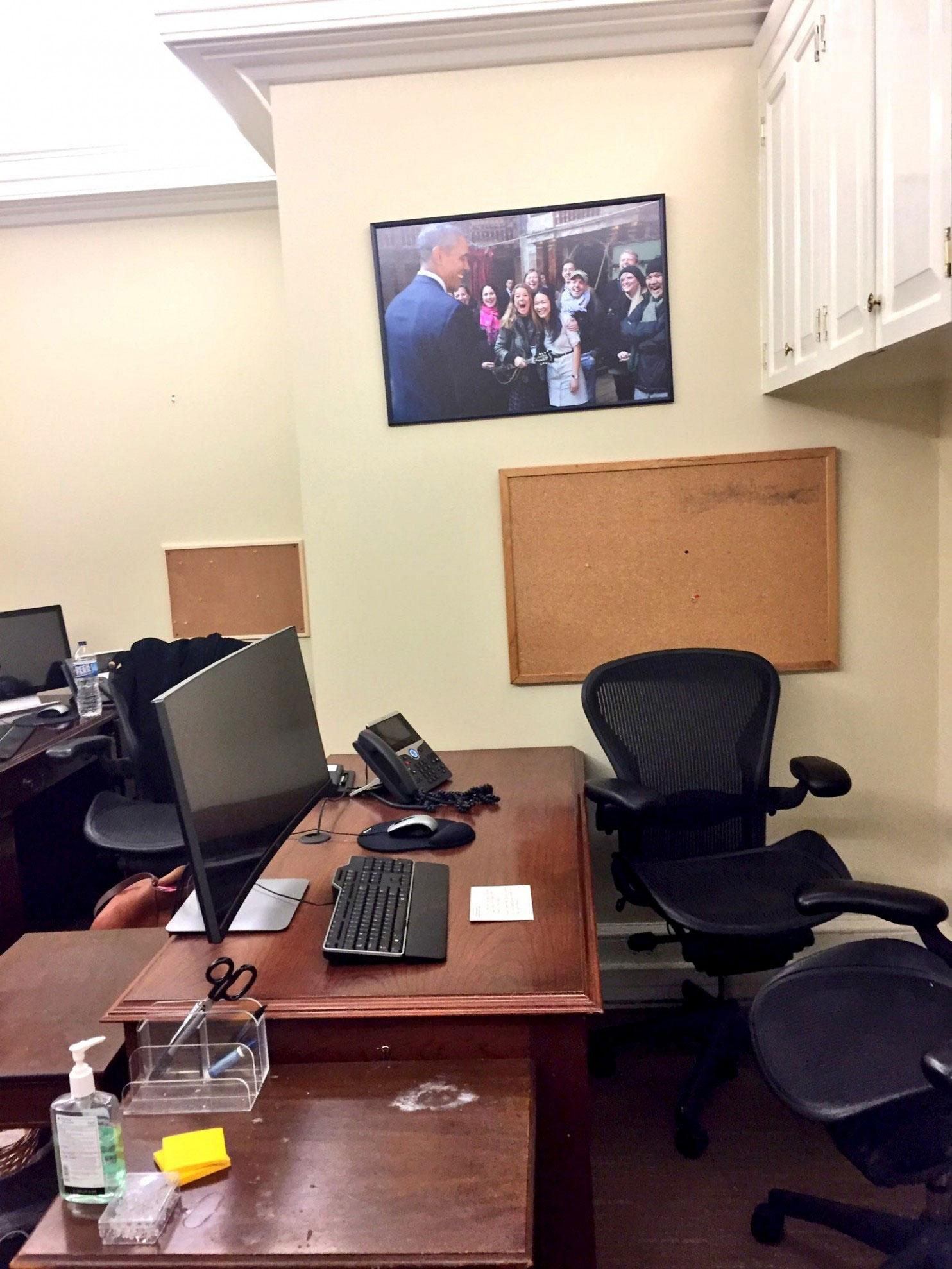 Empty desks in the White House press offices