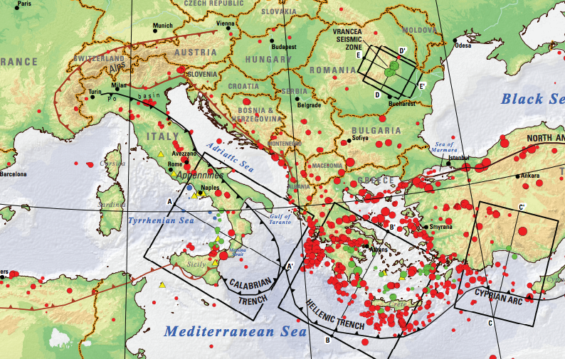 The red dots denote significant earthquakes that have happened less than 70km below the surface