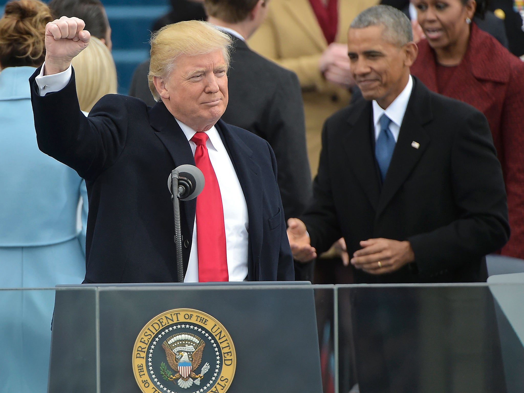 US President Donald Trump acknowledges the moment during his swearing-in ceremony at the US Capitol in Washington DC