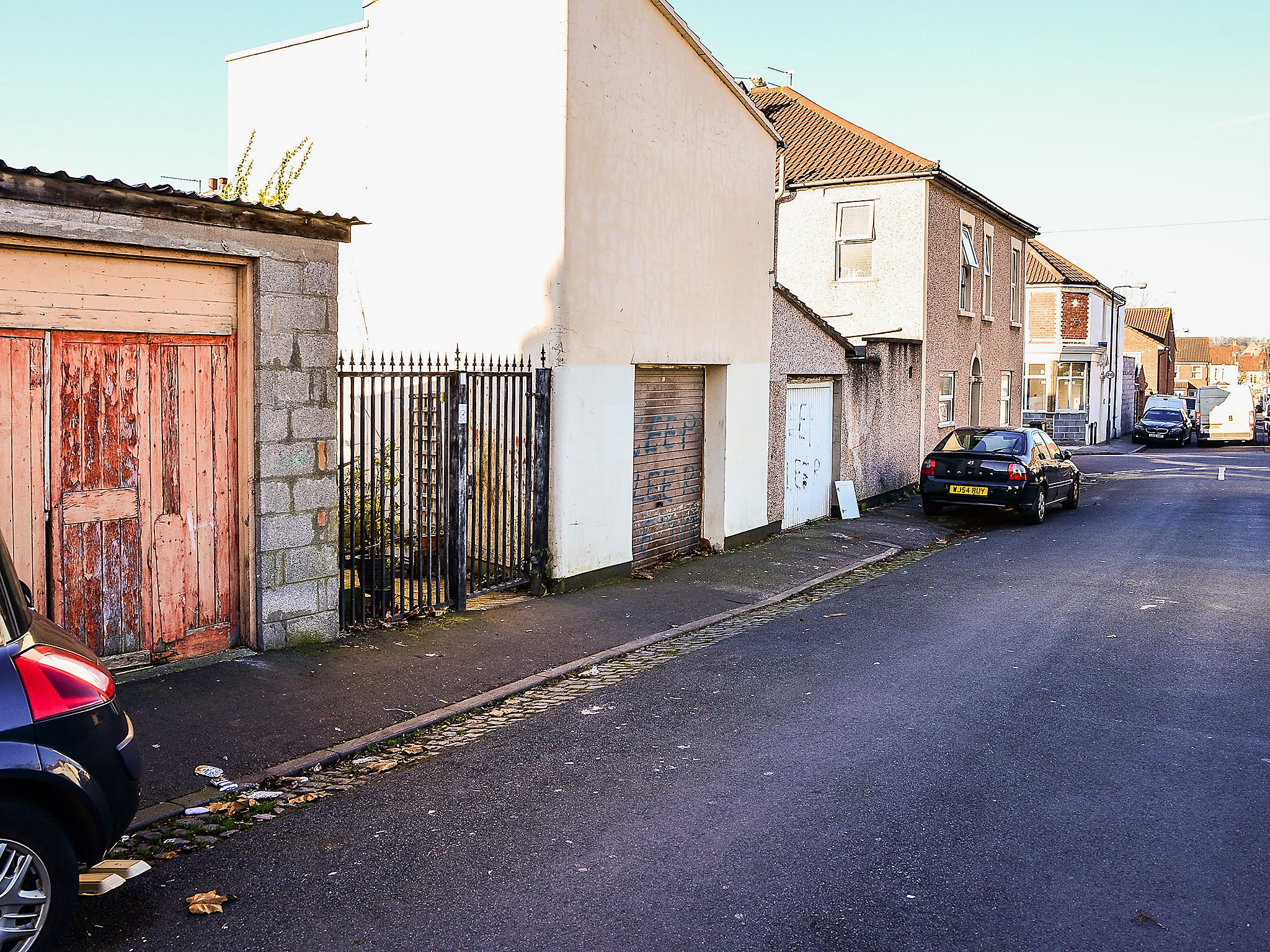 The gated entrance and garages on King Street, Easton, Bristol, where community race relations champion, Judah Adunbi was hit with a stun gun by police