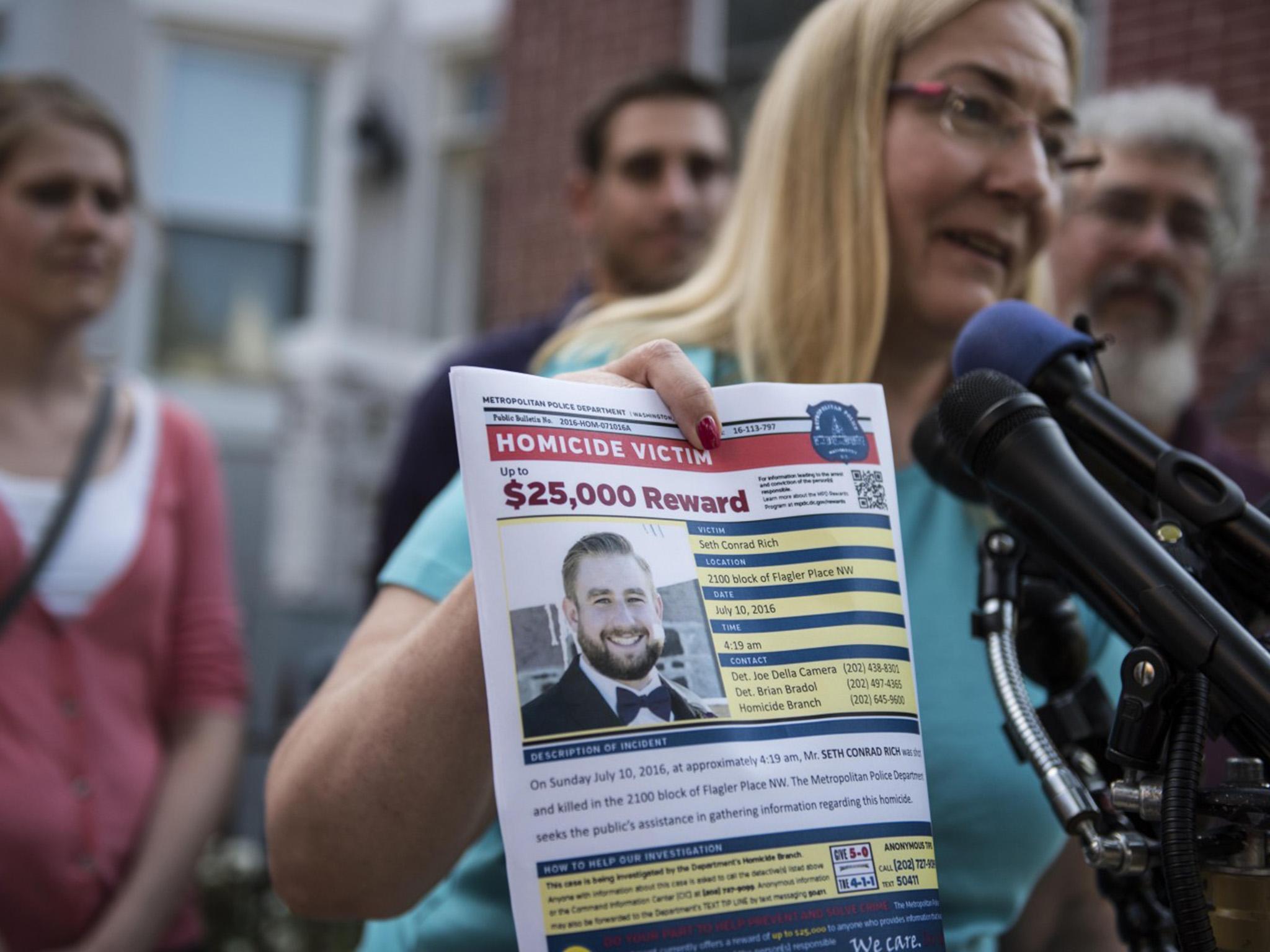 Mary Rich, the mother of slain Democratic National Convention staffer Seth Rich, gives a press conference in Bloomingdale in August 2016 following her son’s death in July