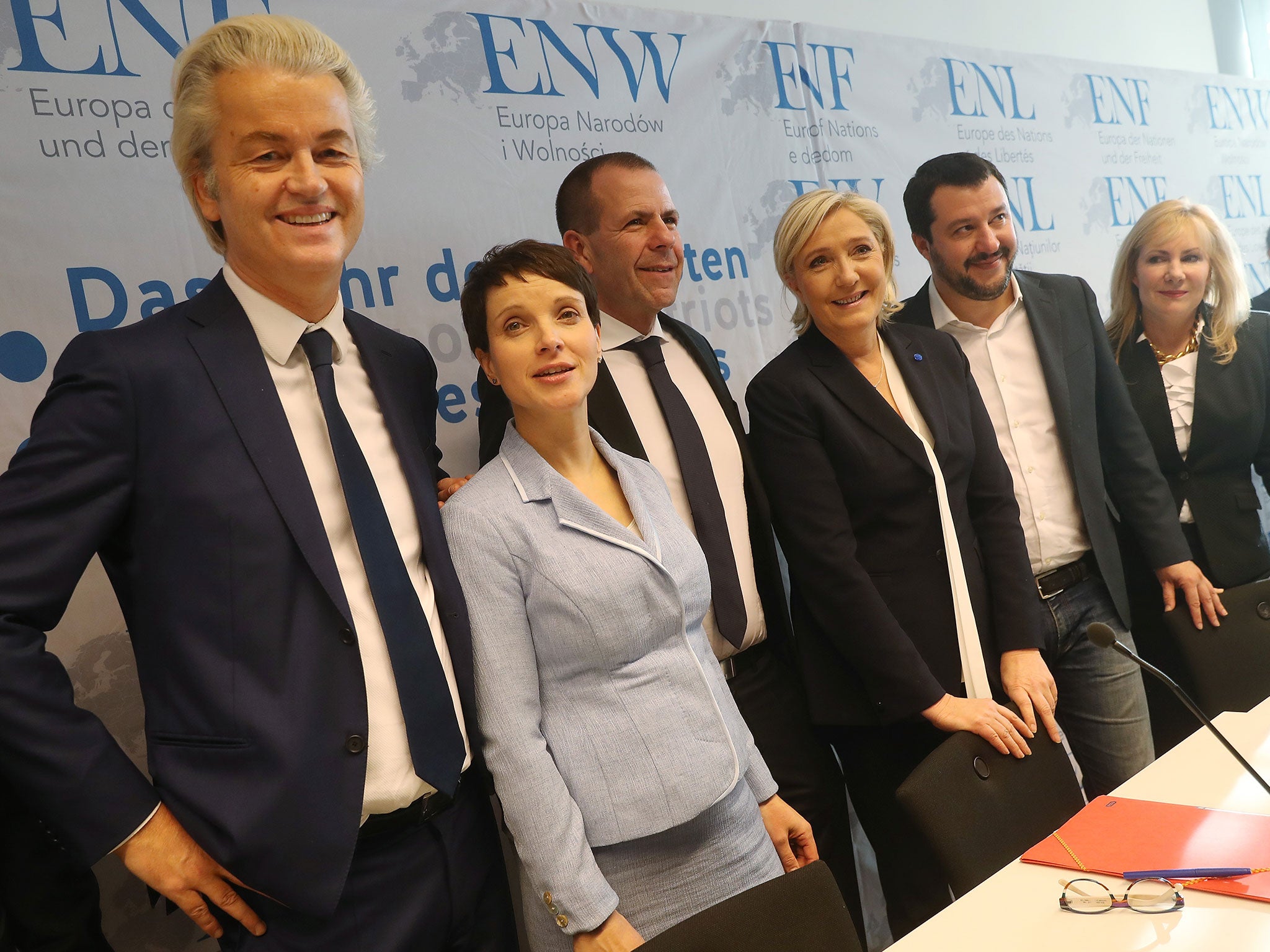 Geert Wilders, of the Dutch PVV, Frauke Petry, of Alternative for Germany, Harald Vilimsky, of the Austria Freedom Party, Marine Le Pen, of the French Front National, Matteo Salvini, of the Italian Lega Nord, and Janice Atkinson at a conference in Koblenz on 21 January (Getty)