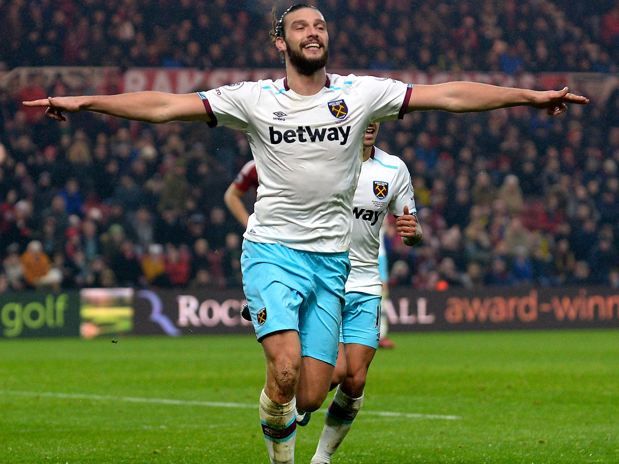 Andy Carroll celebrates as West ham secured a 3-1 victory over Middlesbrough