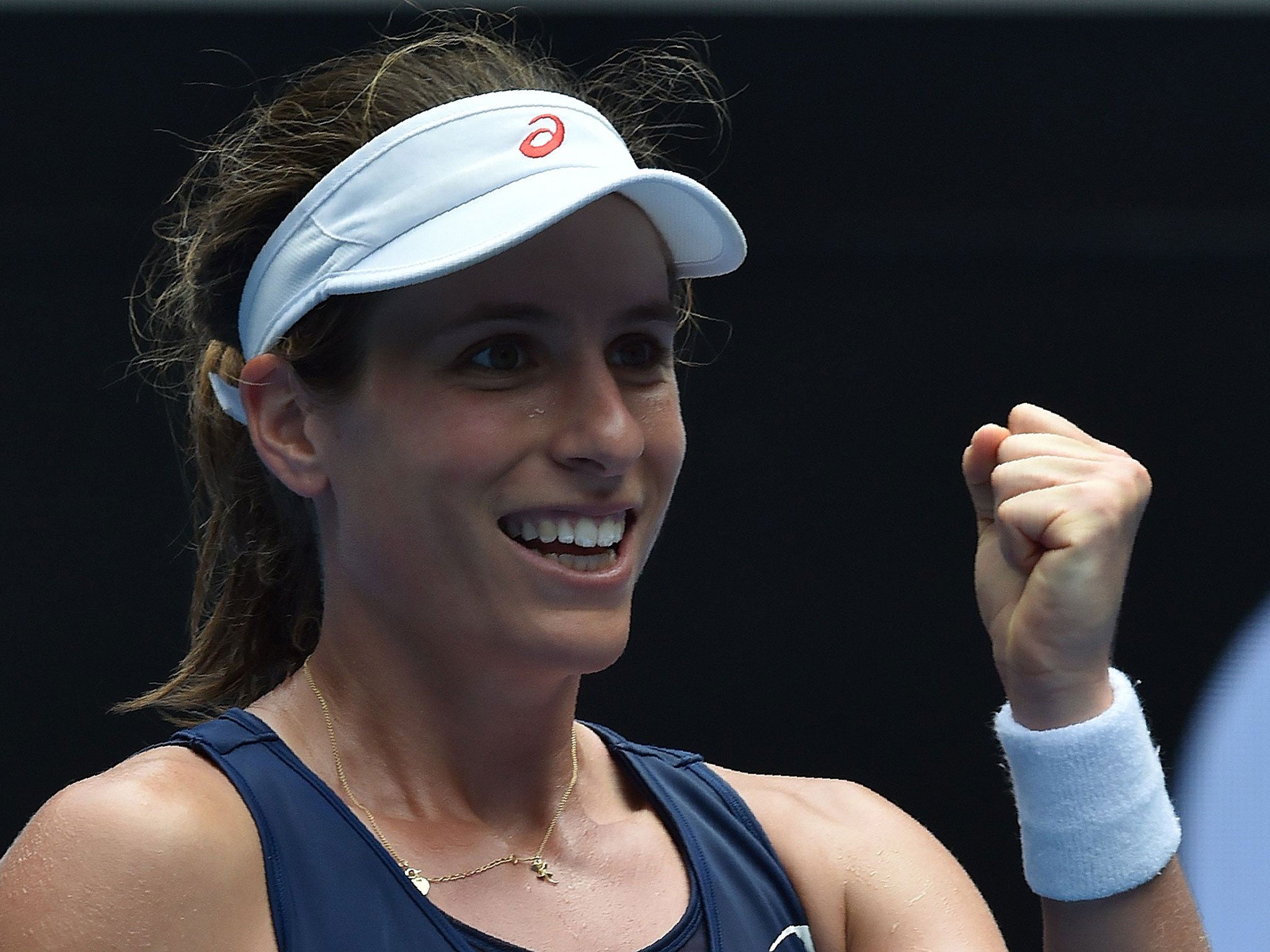 Konta reacts after securing her spot in the quarter-finals at the Australian Open