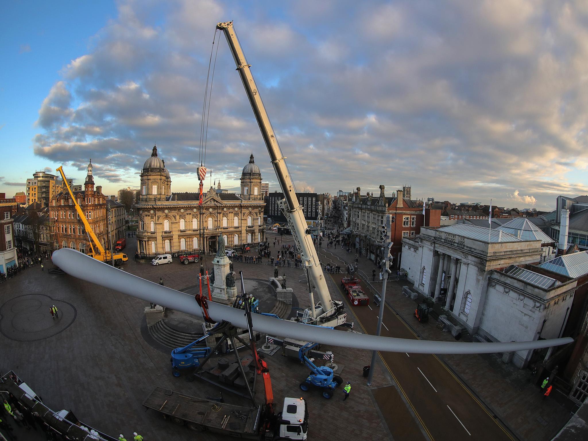 &#13;
A giant wind turbine blade, which forms part of a new sculpture commissioned by multimedia artist Nayan Kulkarni, is installed at Queen Victoria Square &#13;