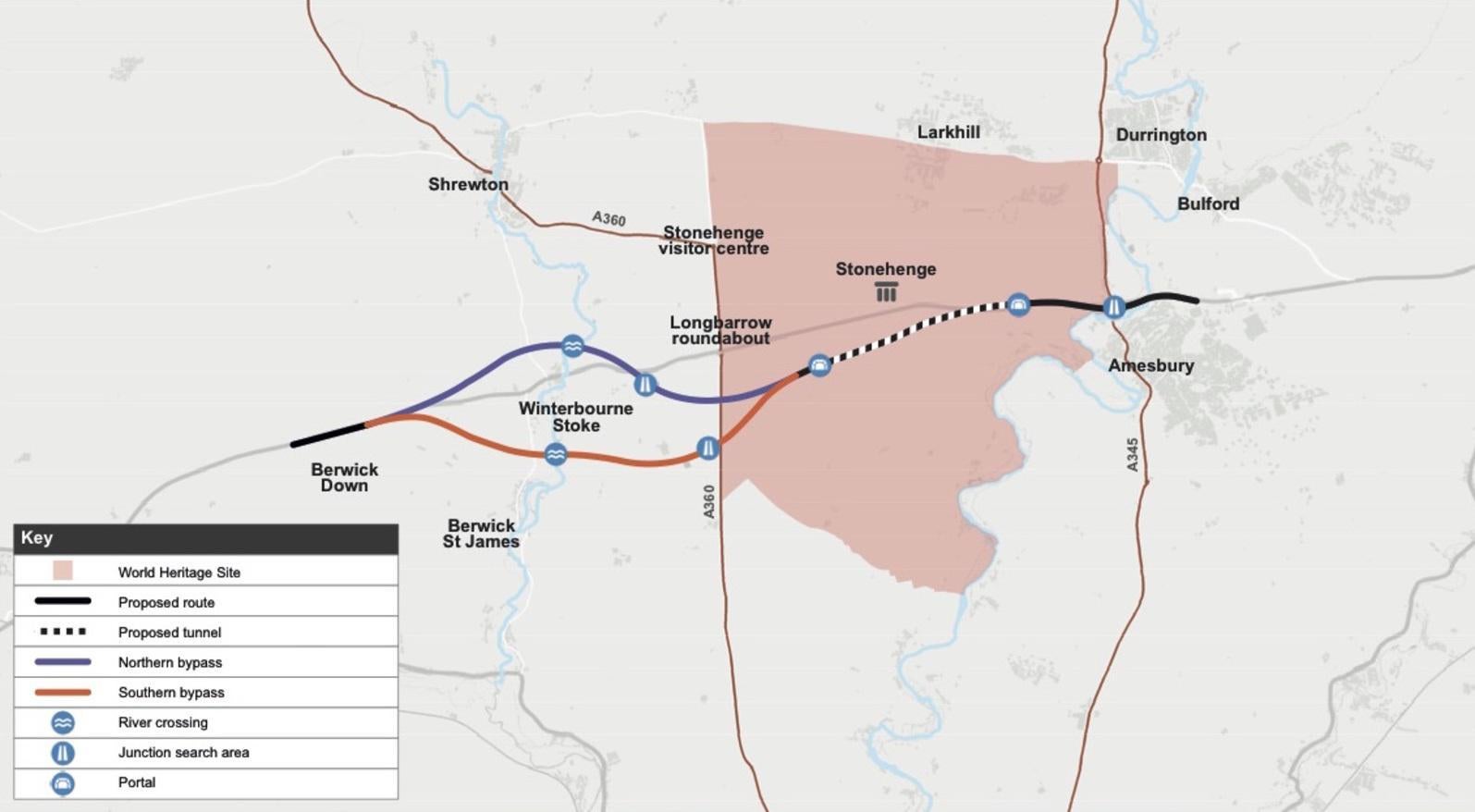 Map of Stonehenge World Heritage Site with route of the proposed bypass and tunnel