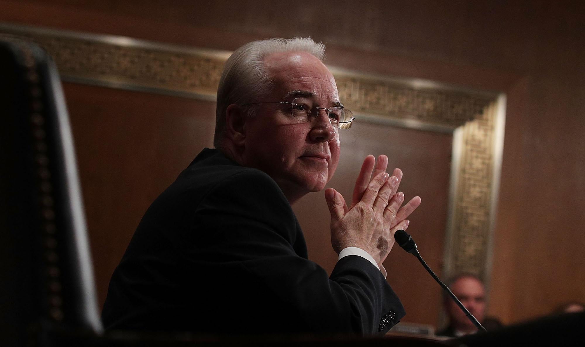 U.S. Health and Human Services Secretary Nominee Rep. Tom Price (R-GA) testifies during his confirmation hearing January 17, 2017 on Capitol Hill in Washington, DC. Price, a leading critic of the Affordable Care Act, is expected to face questions about his healthcare stock purchases before introducing legislation that would benefit the companies.