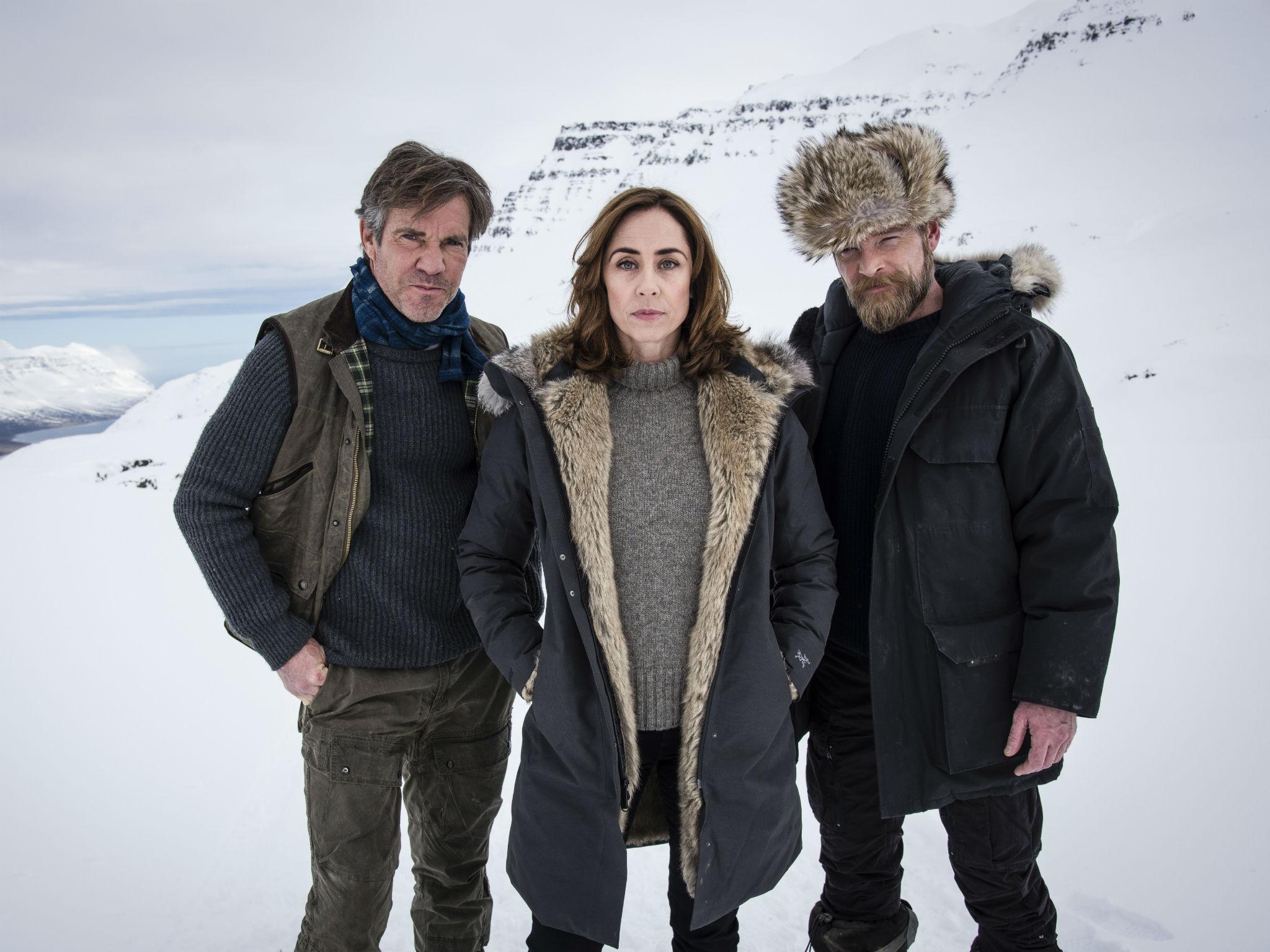 Dennis Quaid (left), Sofie Grabol (centre) and Richard Dormer (Right) in ‘Fortitude’