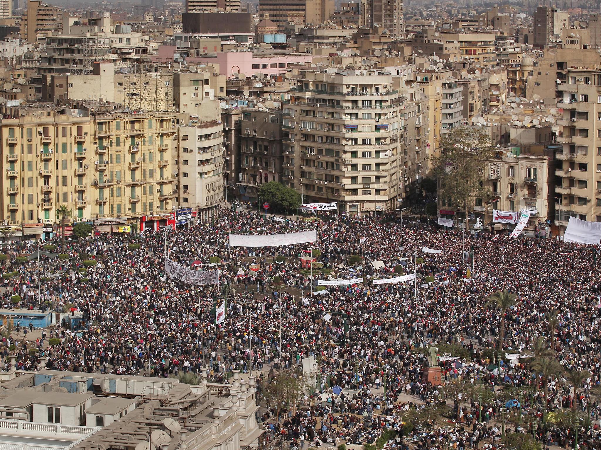 Anti-government demonstrators gather in Tahrir Square on 4 February, 2011