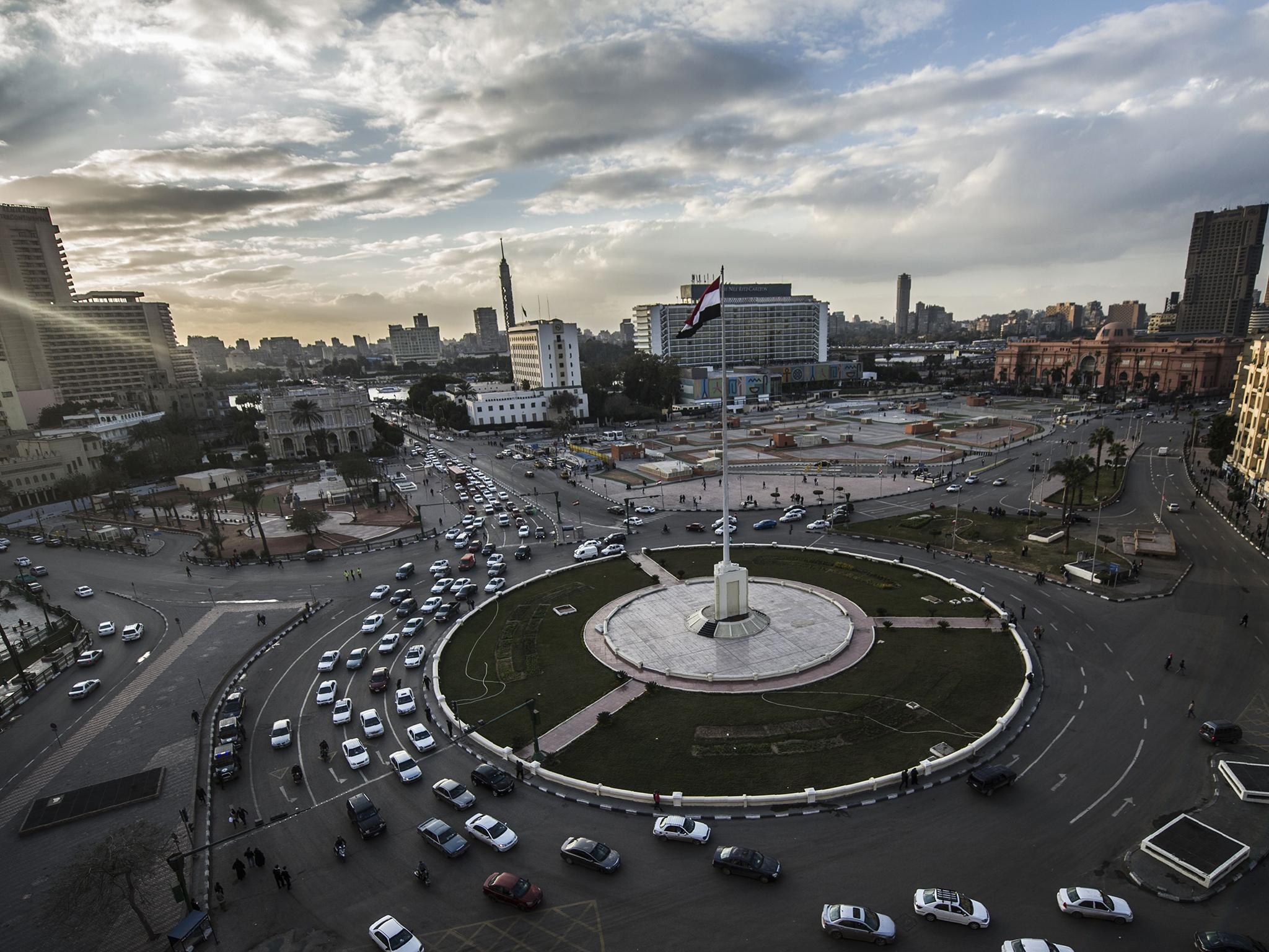 An Egyptian national flag flutters over Tahrir Square on 24 January, 2016, on the eve of the anniversary of the 2011 uprising