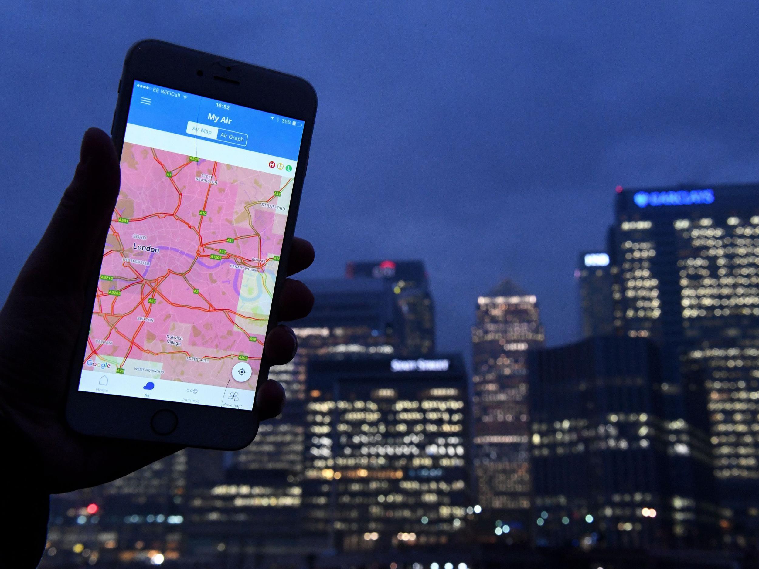 Air quality trackling app CleanSpace shows wide areas of the highest indicator of pollution across London