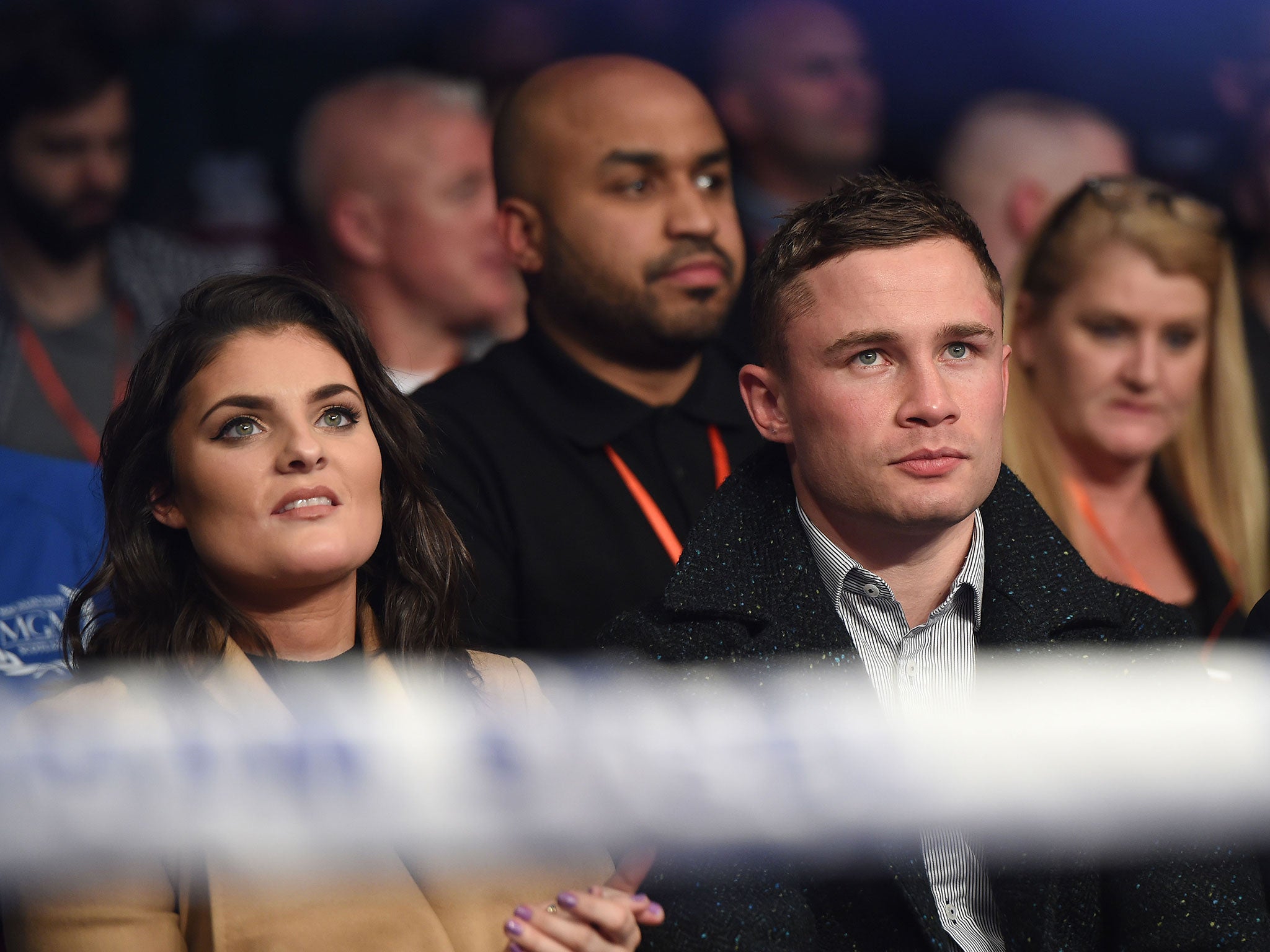 WBA Super-Featherweight world champion Carl Frampton pictured with his wife Christine Frampton as they watch the Homecoming boxing bill at Titanic Exhibition Centre late last year