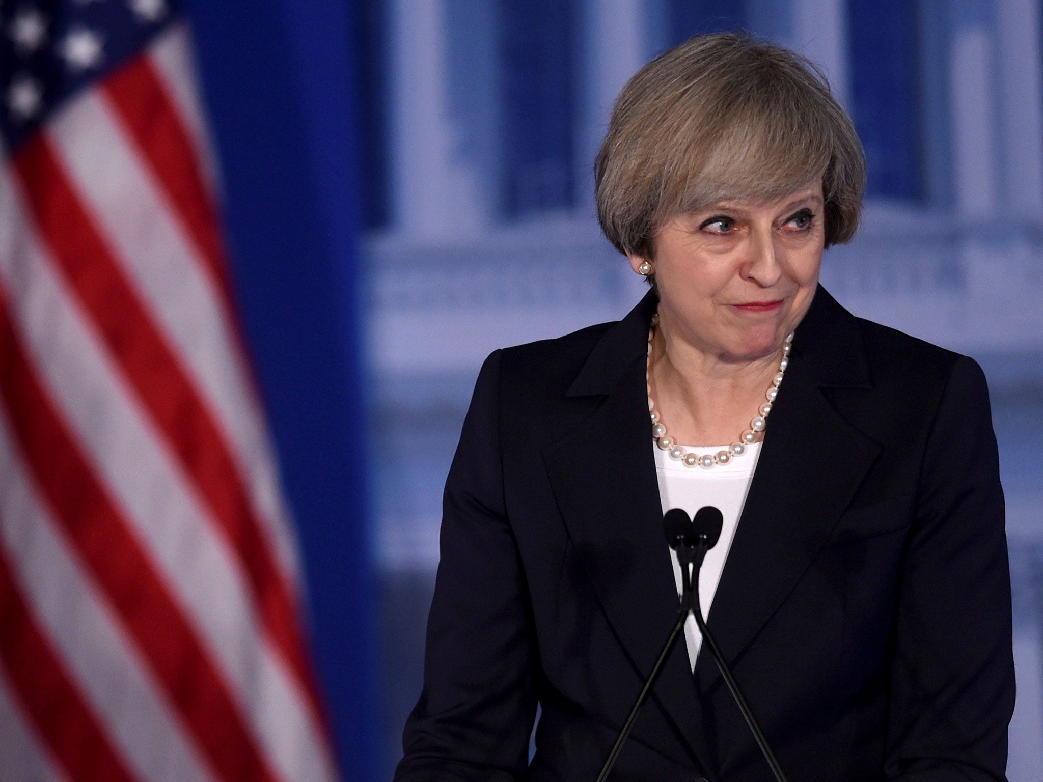 Theresa May speaks in Philadelphia during her US trip to meet President Trump