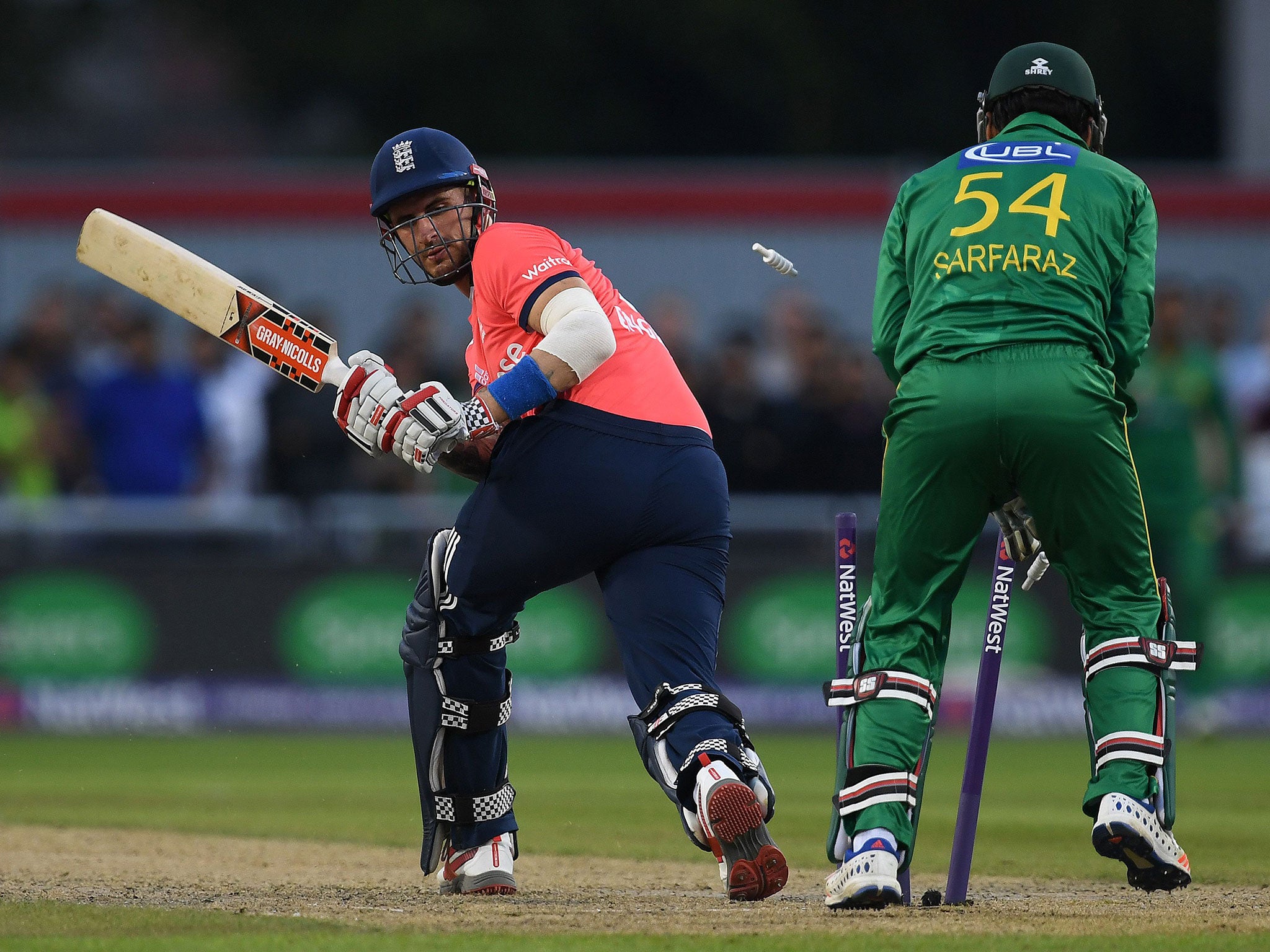 Hales is dismissed during England's T20 match against Pakistan last year