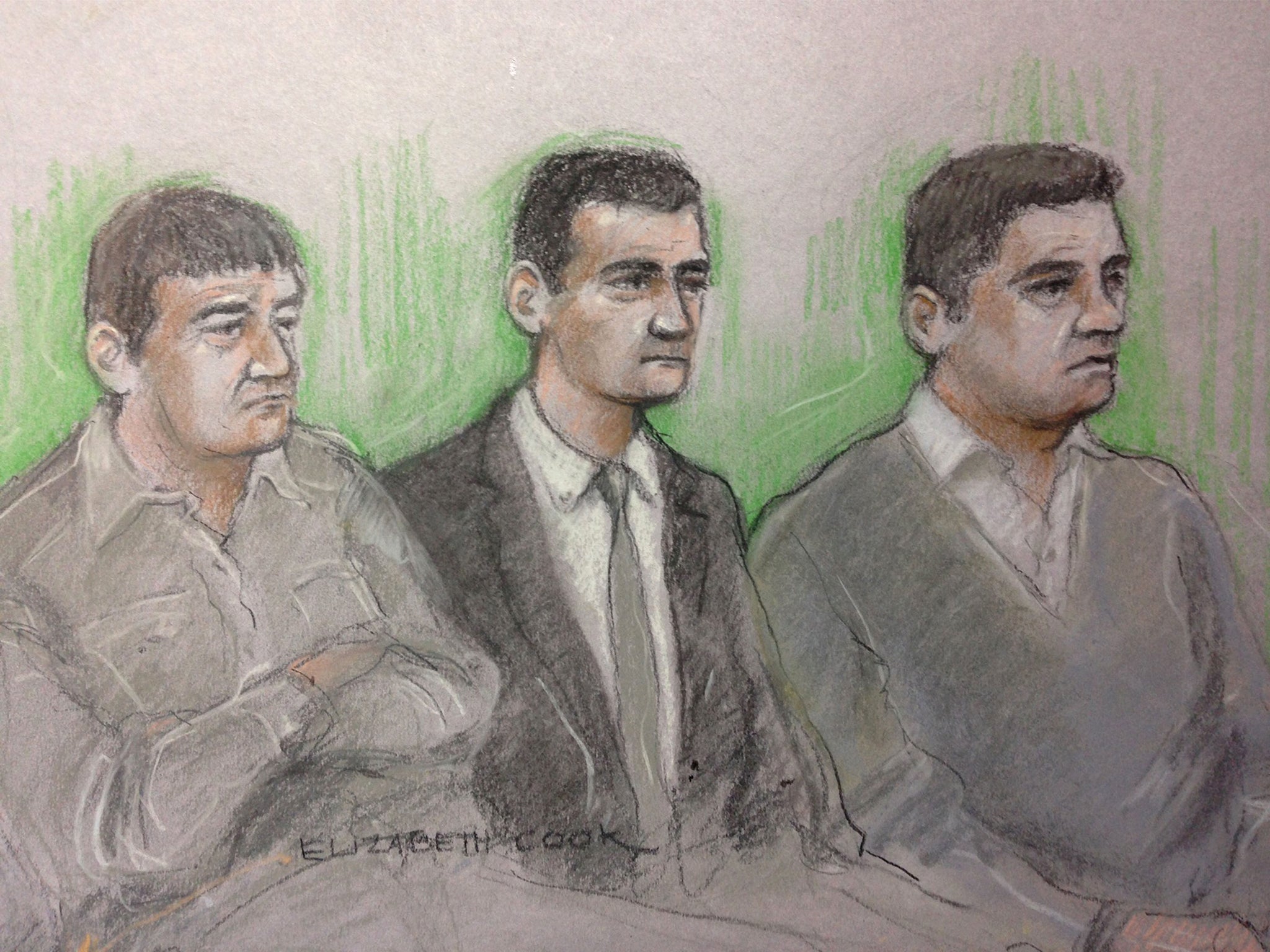 Court sketch of (l-r) Peter Wood, Phillip Potter and Matthew Gordon at Bristol Crown Court