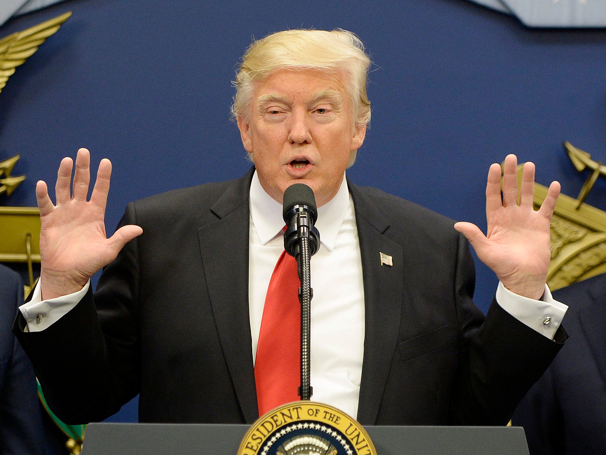 Donald Trump speaks in the Hall of Heroes at the Pentagon in Arlington, Virginia