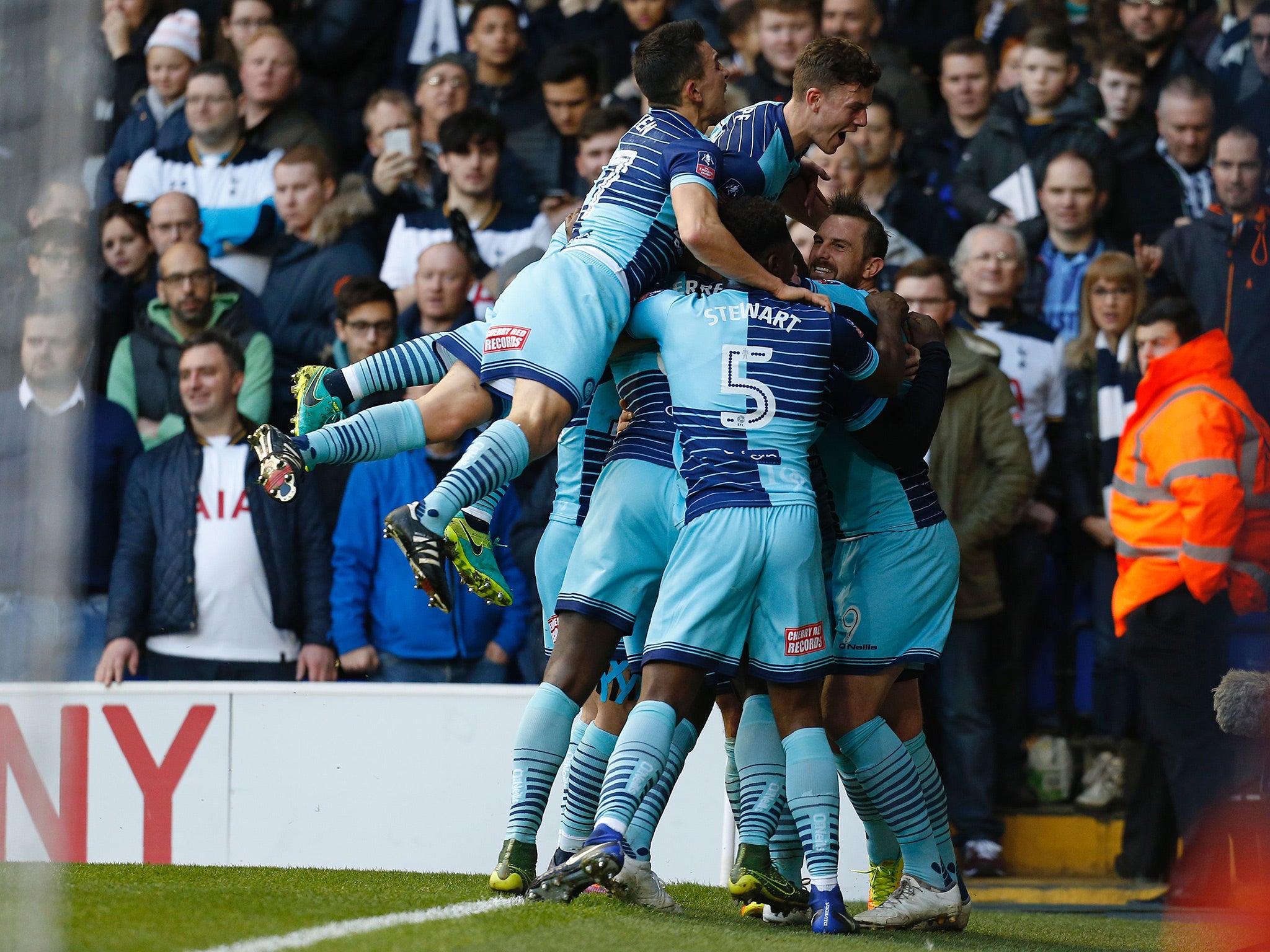 Paul Hayes celebrates putting Wycombe ahead at White Hart Lane