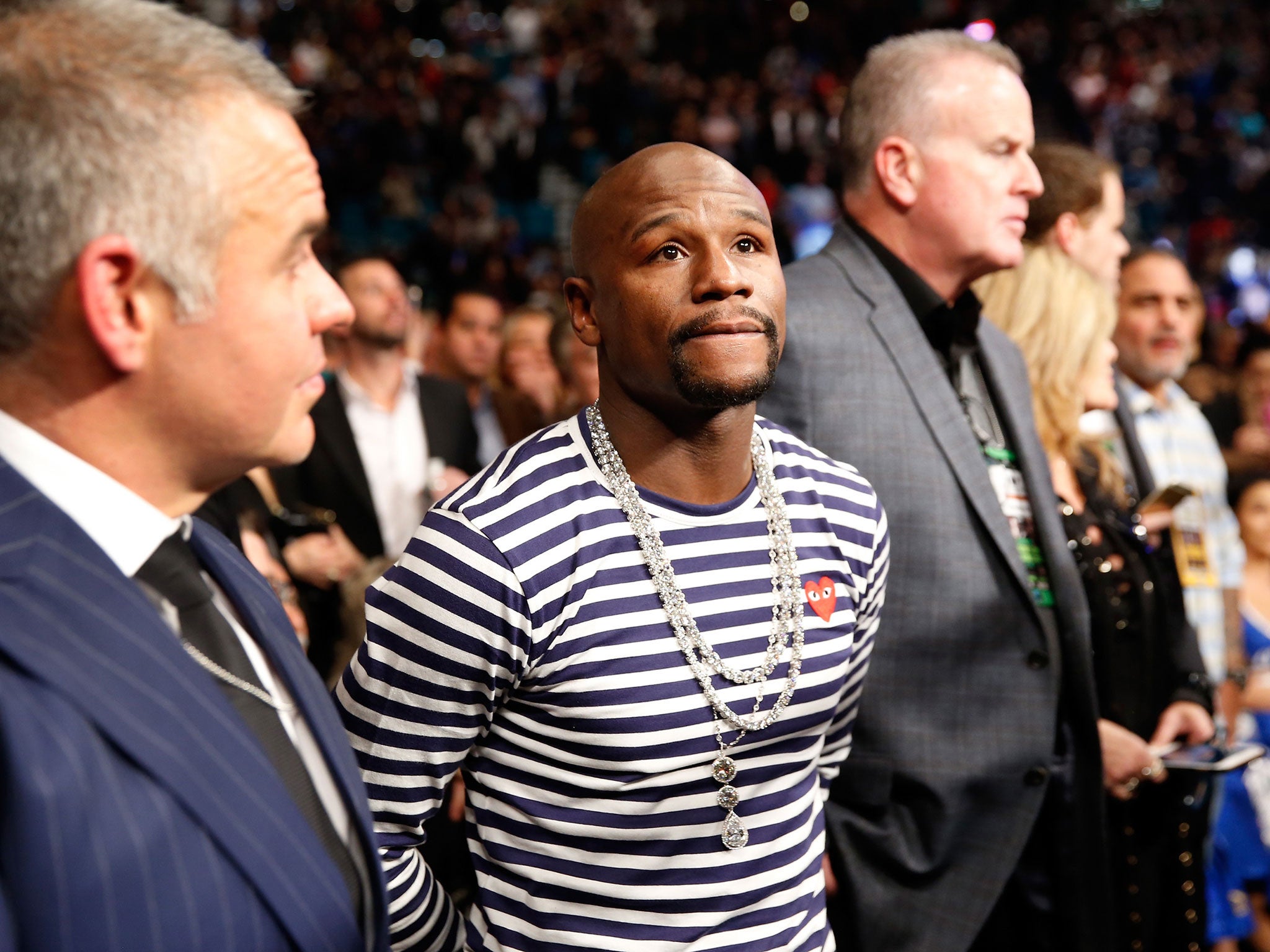 Mayweather was in the crowd to watch Leo Santa Cruz beat Carl Frampton on Saturday night