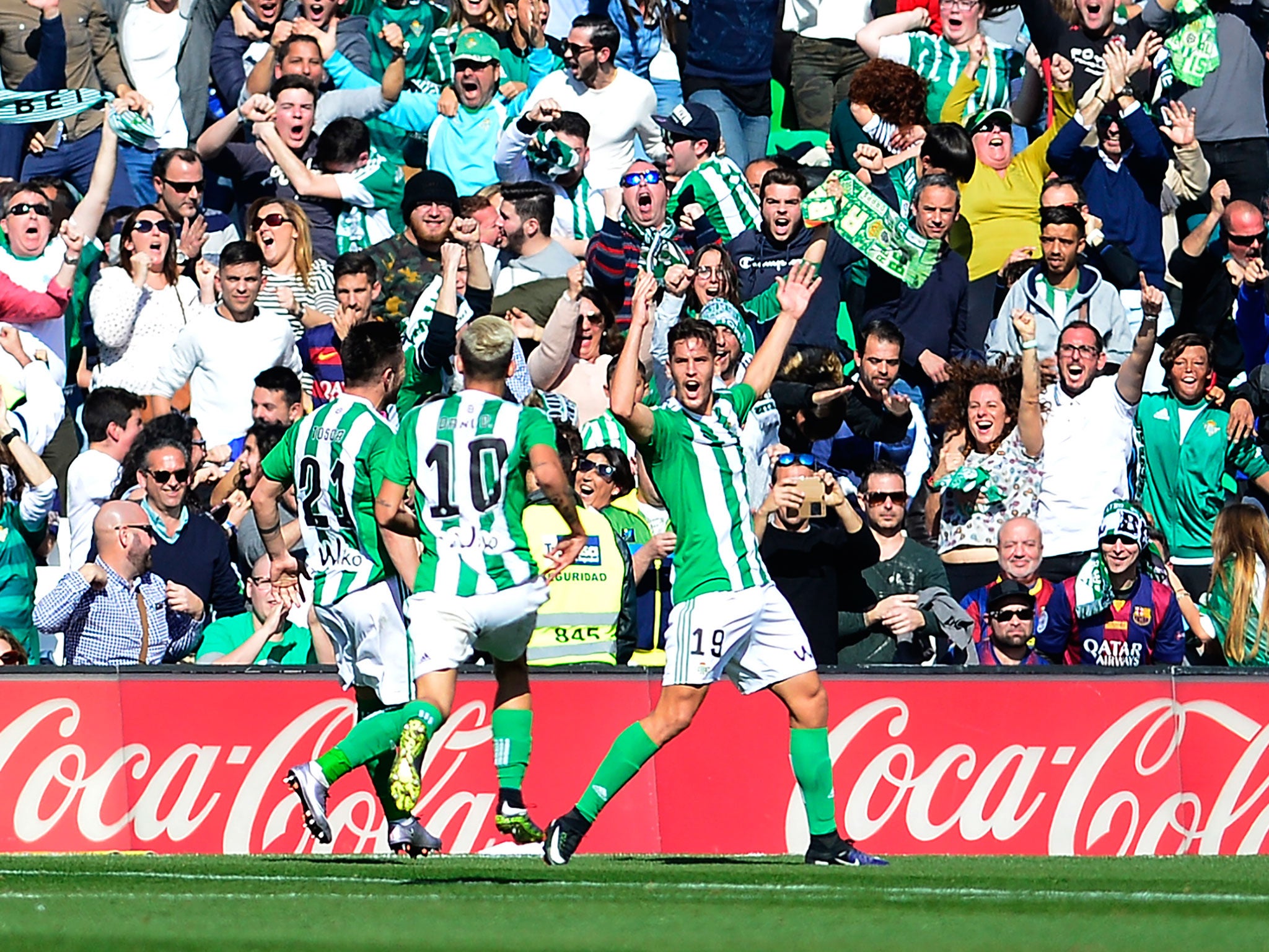 Betis' forward Alex Alegria celebrates after putting his side ahead