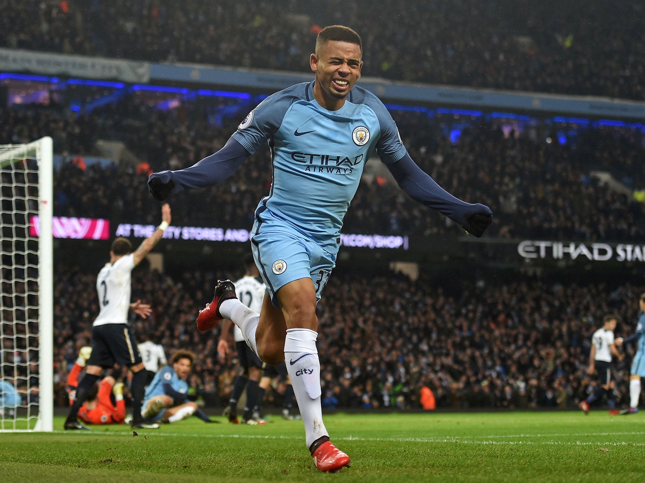 Gabriel Jesus celebrates after thinking he had scored Manchester City's third goal against Tottenham but it was ruled for offside