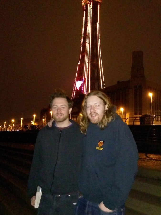 Sam Walton and Dan Woodhouse, on Blackpool beach, after being released from police custody Sam Walton