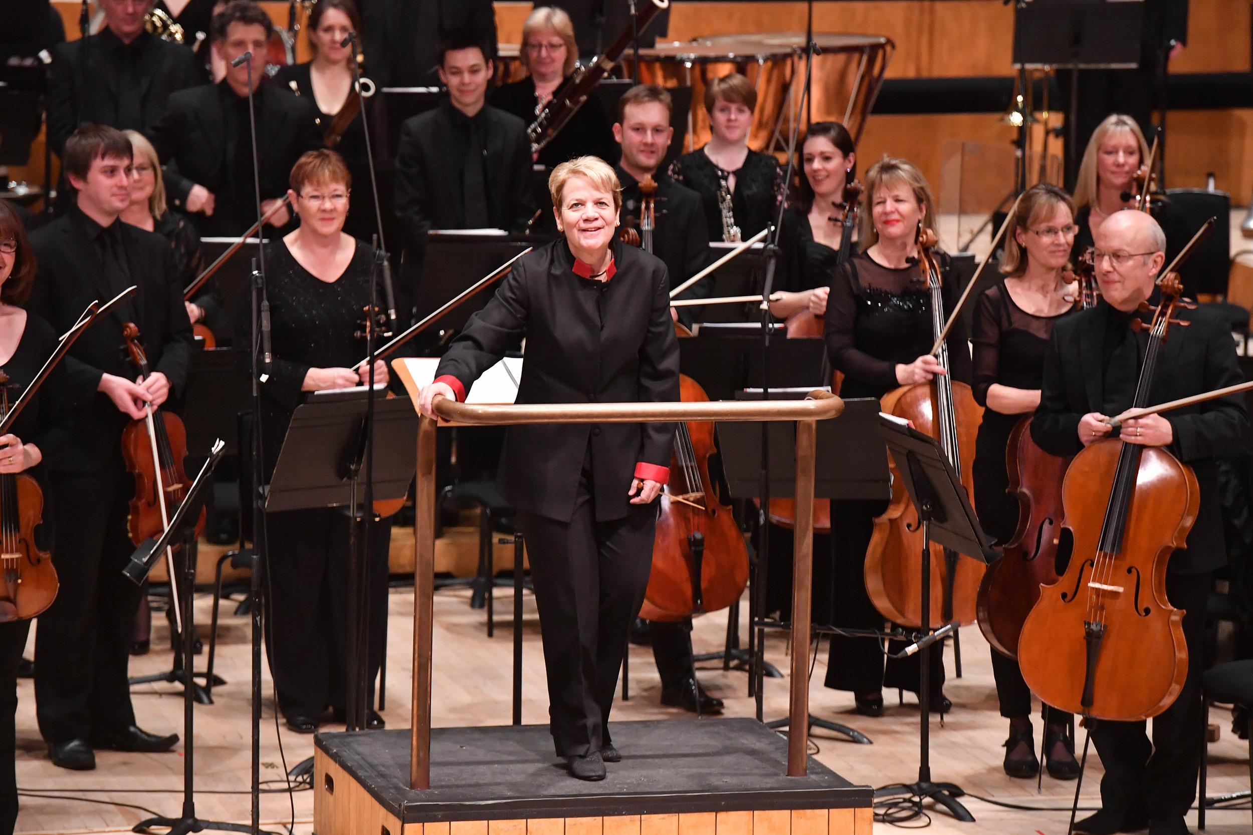 Conductor Marin Alsop with the BBC Symphony Orchestra in the Barbican Hall at the BBC Symphony Orchestra’s event 'Total Immersion: Philip Glass at 80'