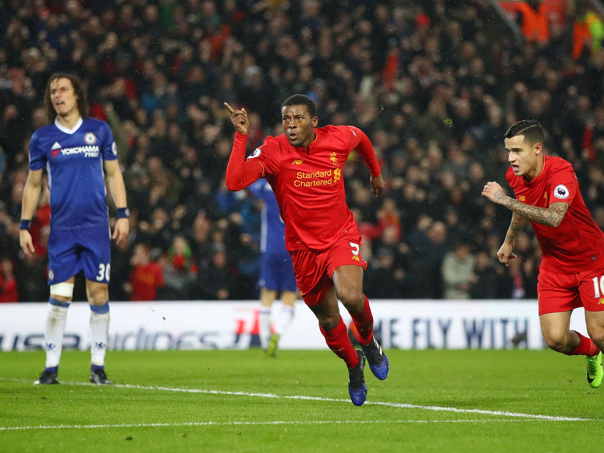 Wijnaldum runs off to celebrate his equaliser for Liverpool