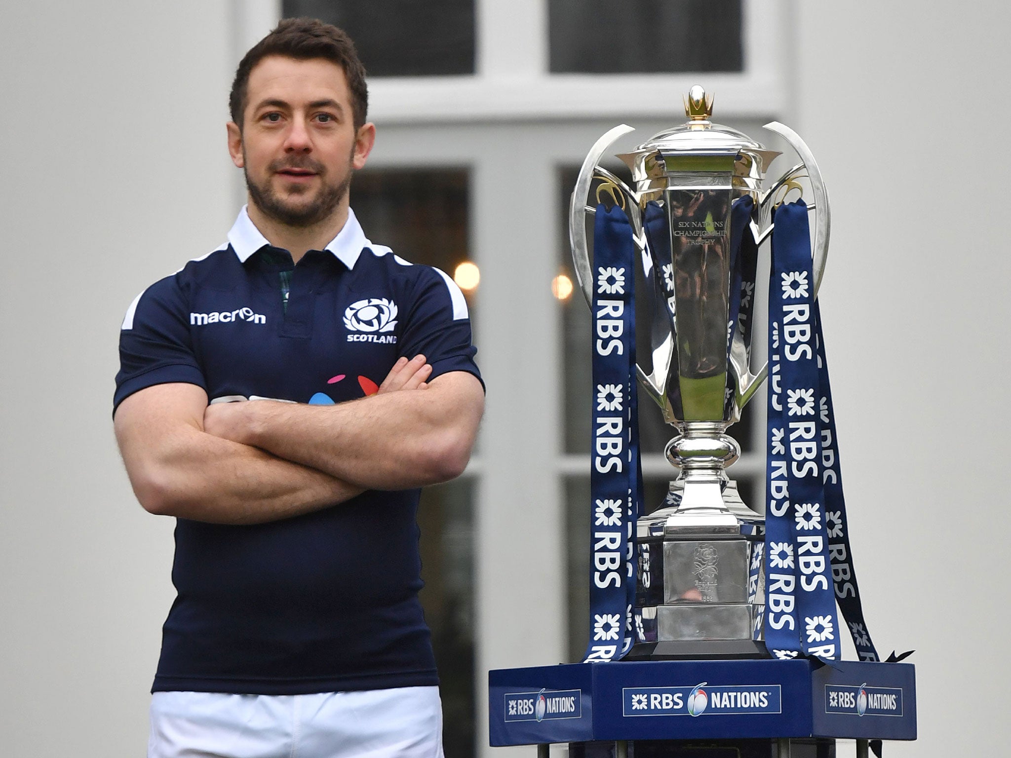 Scotland captain Laidlaw alongside the Six Nations trophy at the tournament launch